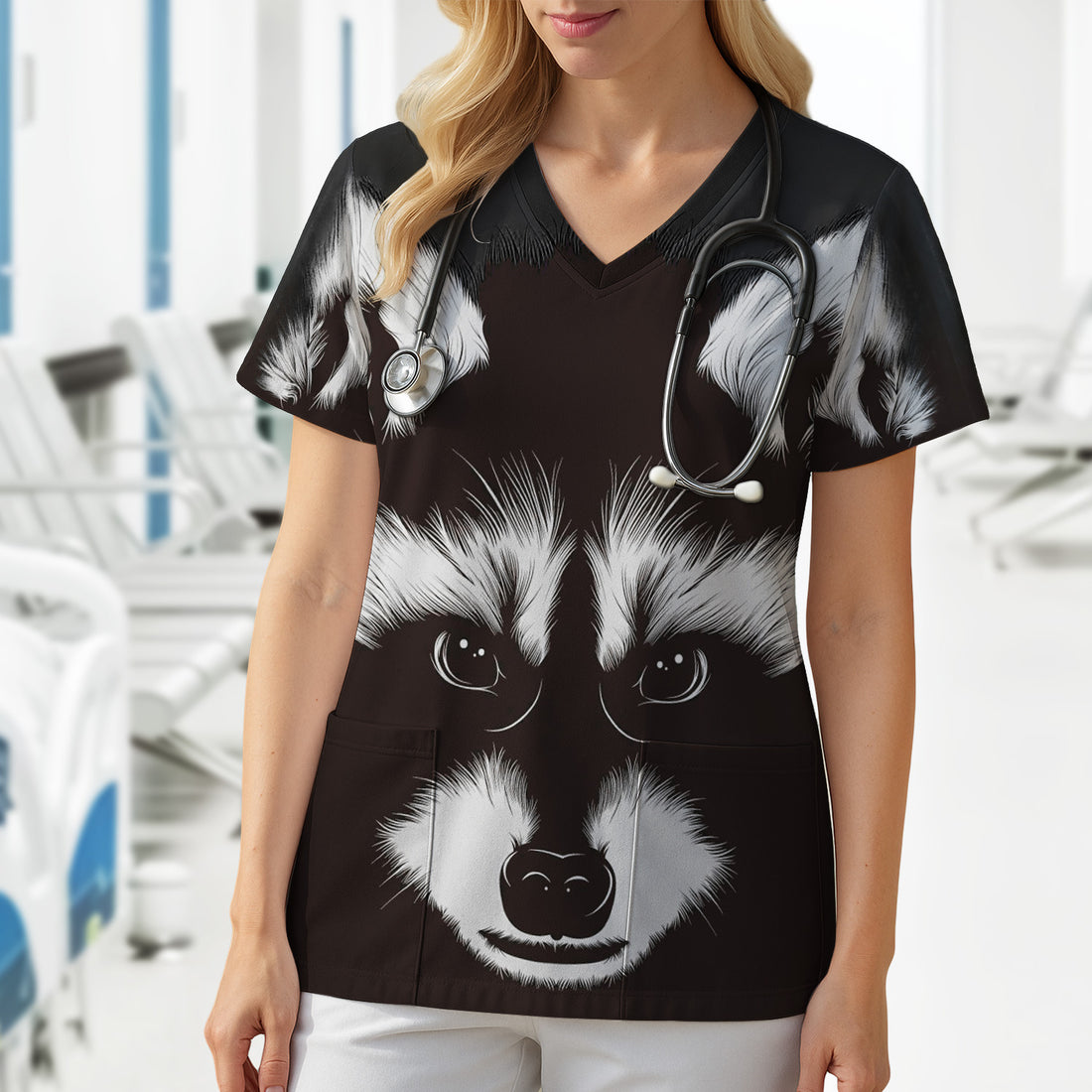 Black White Raccoon Face Pattern Scrub Top, Comfortable Scrubs for Nurses