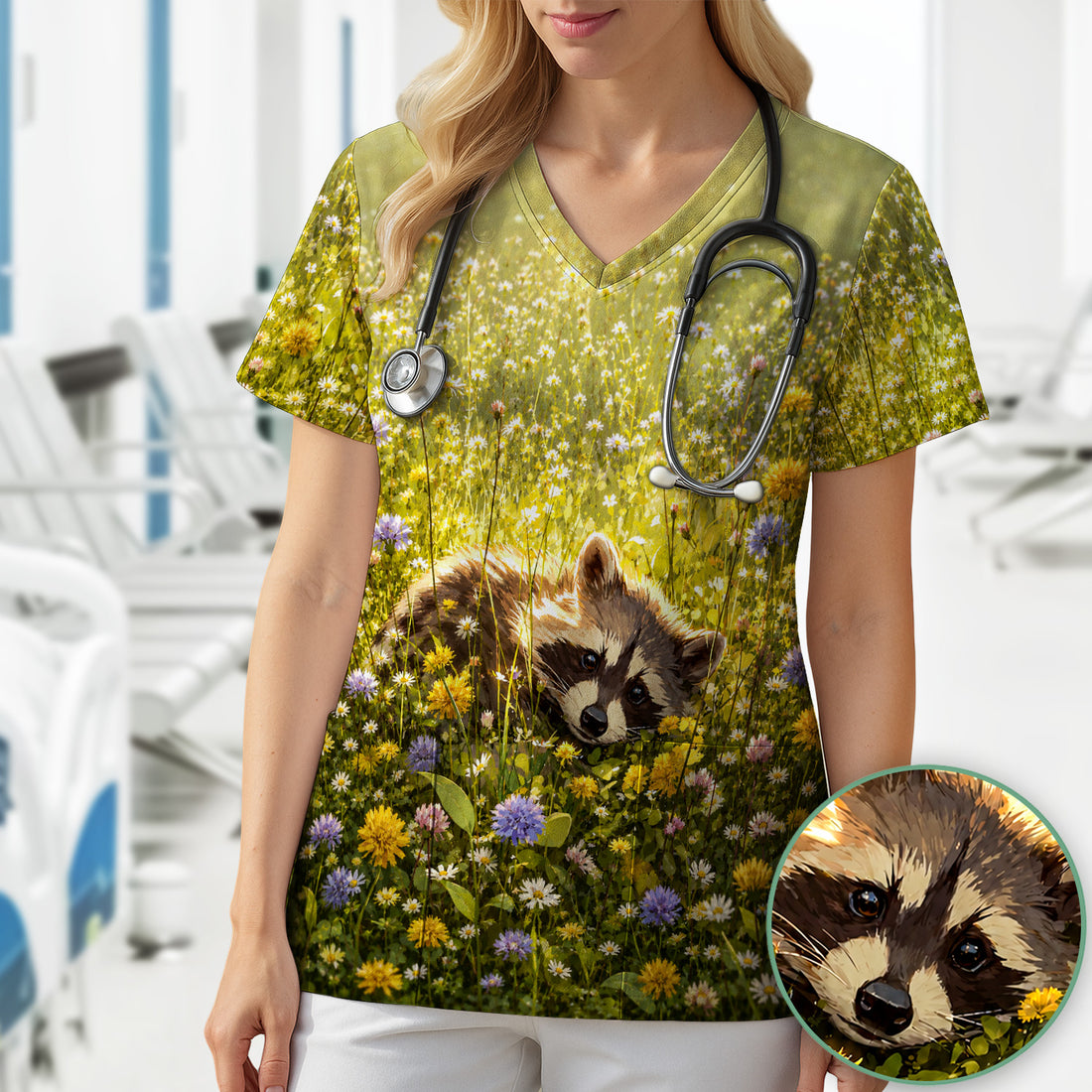 Meadow Raccoon Wildflower Garden Pattern Scrub Top, Comfortable Scrubs for Nurses