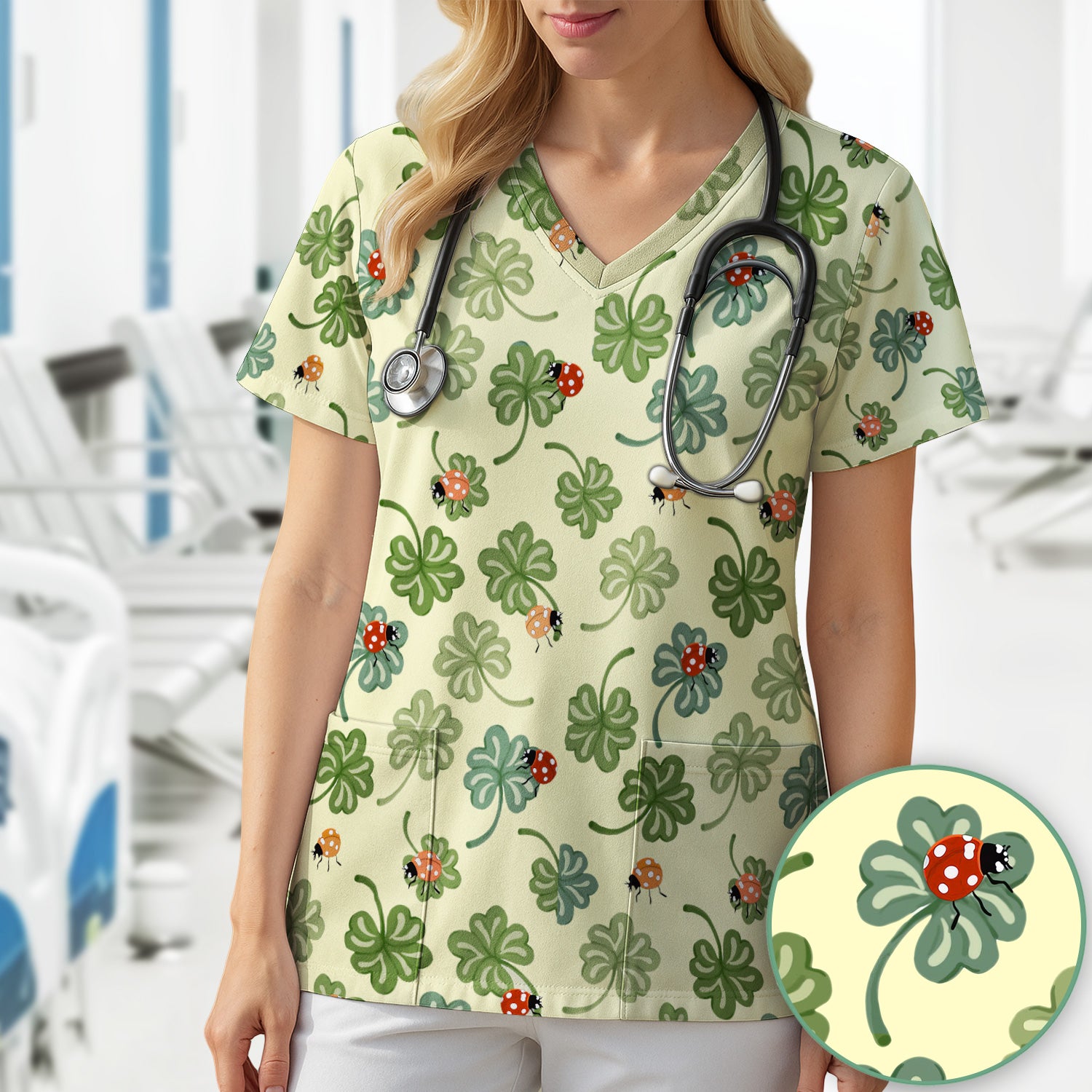 Clover and Ladybug Lucky Garden Pattern Scrubs Top, Comfortable Scrubs for Nurses