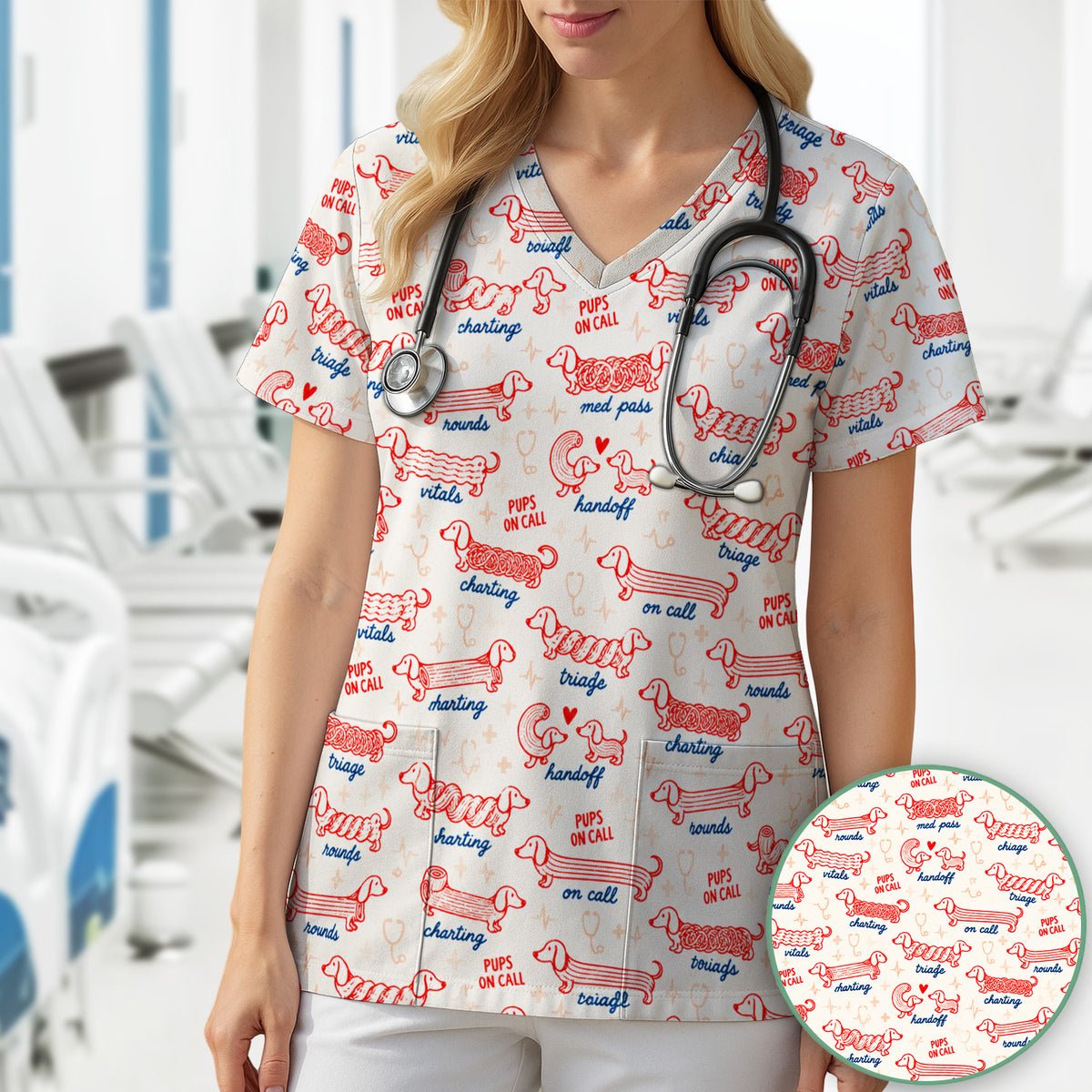 Cute Pups On Call Dachshund Pattern Scrub Top, Comfortable Scrubs for Nurses