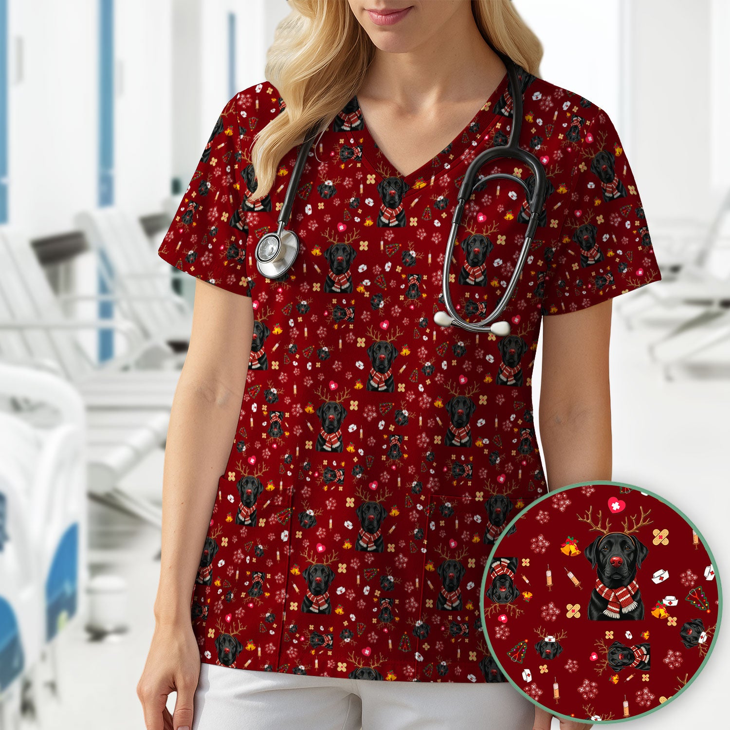 Funny Black Lab Reindeer Scrub Top - Christmas Dog Nurse Shirt - Cute Holiday Medical Uniform Gift for RN LPN CNA