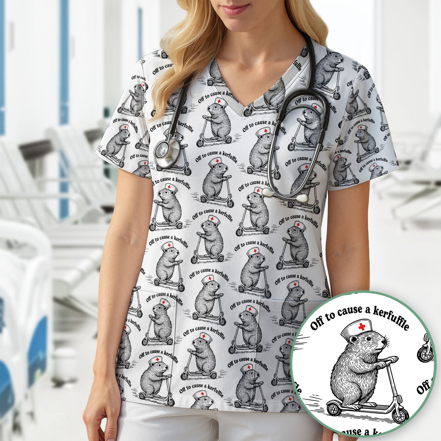 Funny Nurse Mouse Scooter Print Scrub Top, Comfortable Scrubs for Nurses