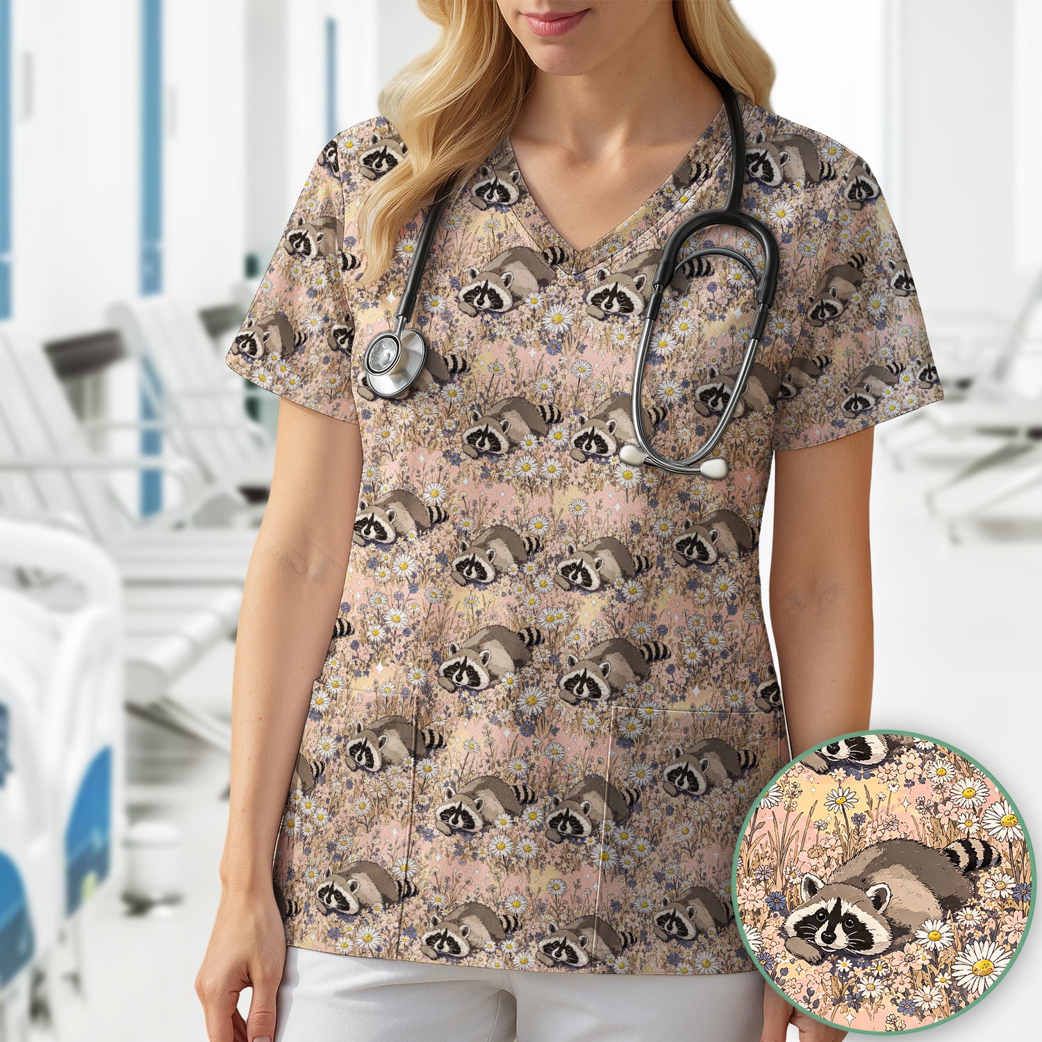 Cute Raccoon Wildflower Meadow Pattern Scrub Top, Comfortable Scrubs for Nurses