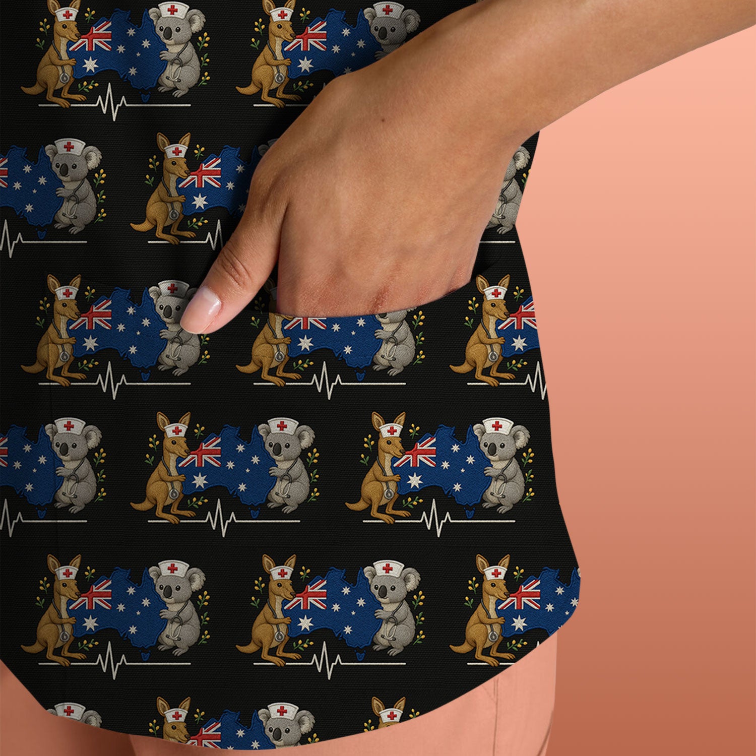 Australian Nurse Scrub Top, Cute Koala Kangaroo Heartbeat Pattern Shirt,  Breathable Fabrics Nursing Uniform
