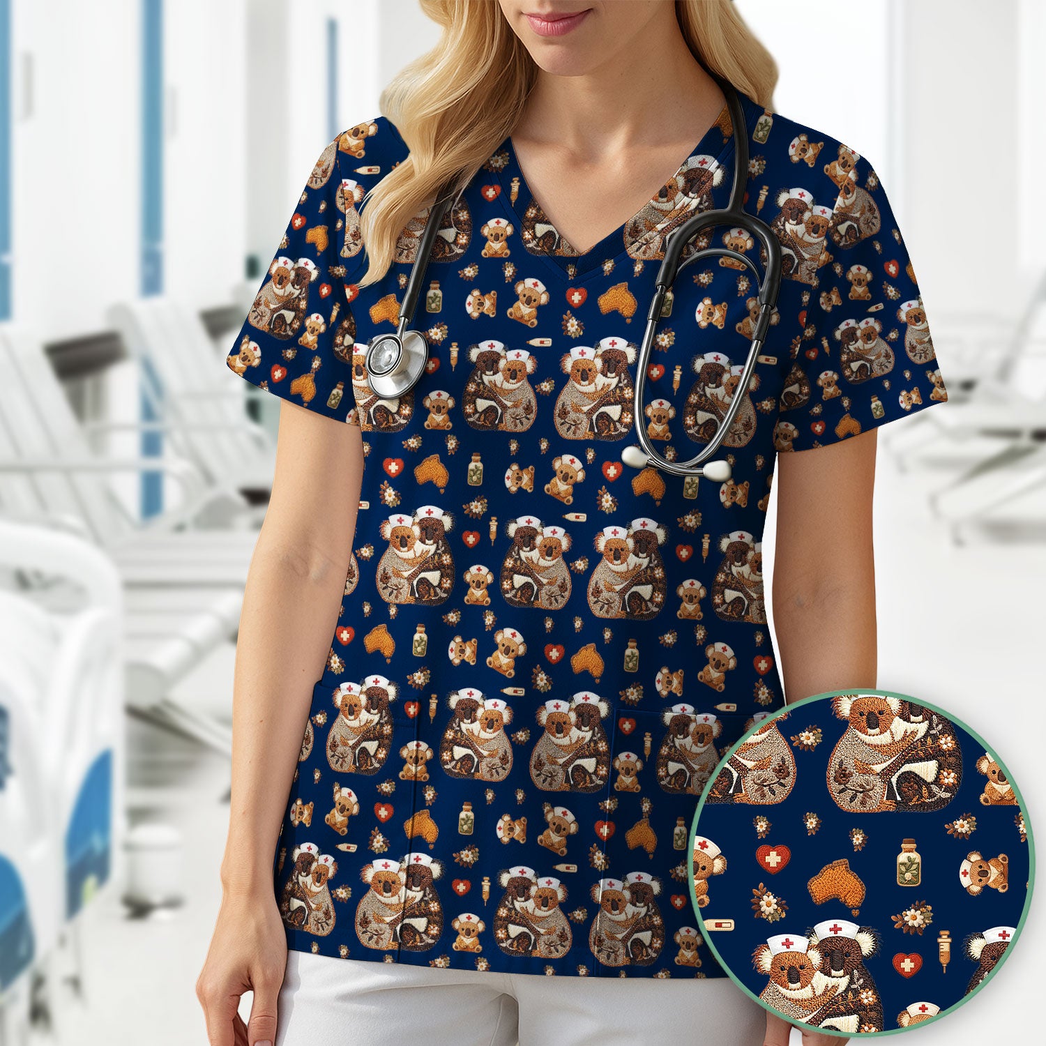 Cute Cartoon Koala Valentine Nurse Design Scrub Top, Breathable Fabrics Nursing Uniform