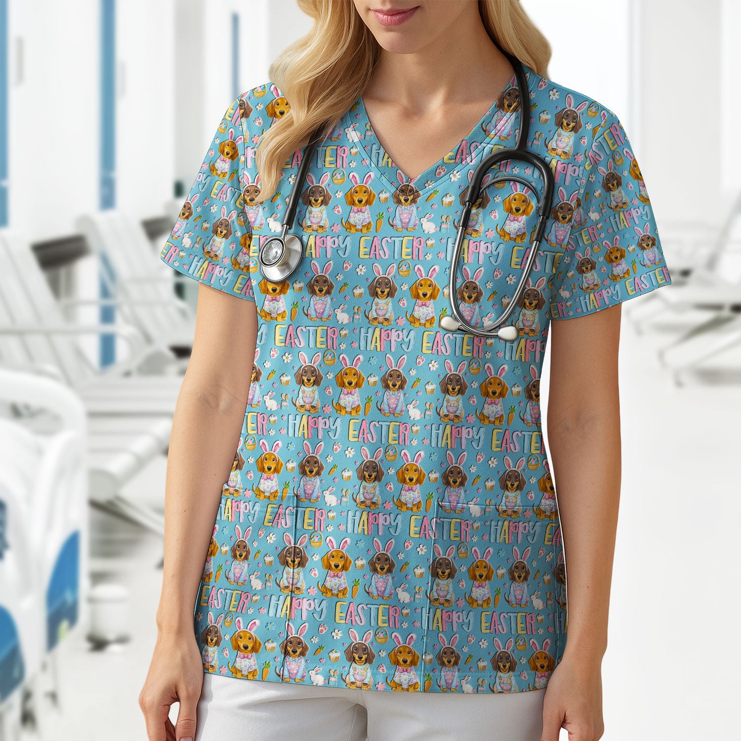 Happy Easter Dachshund Bunny Print Scrub Top, Comfortable Scrubs for Nurses