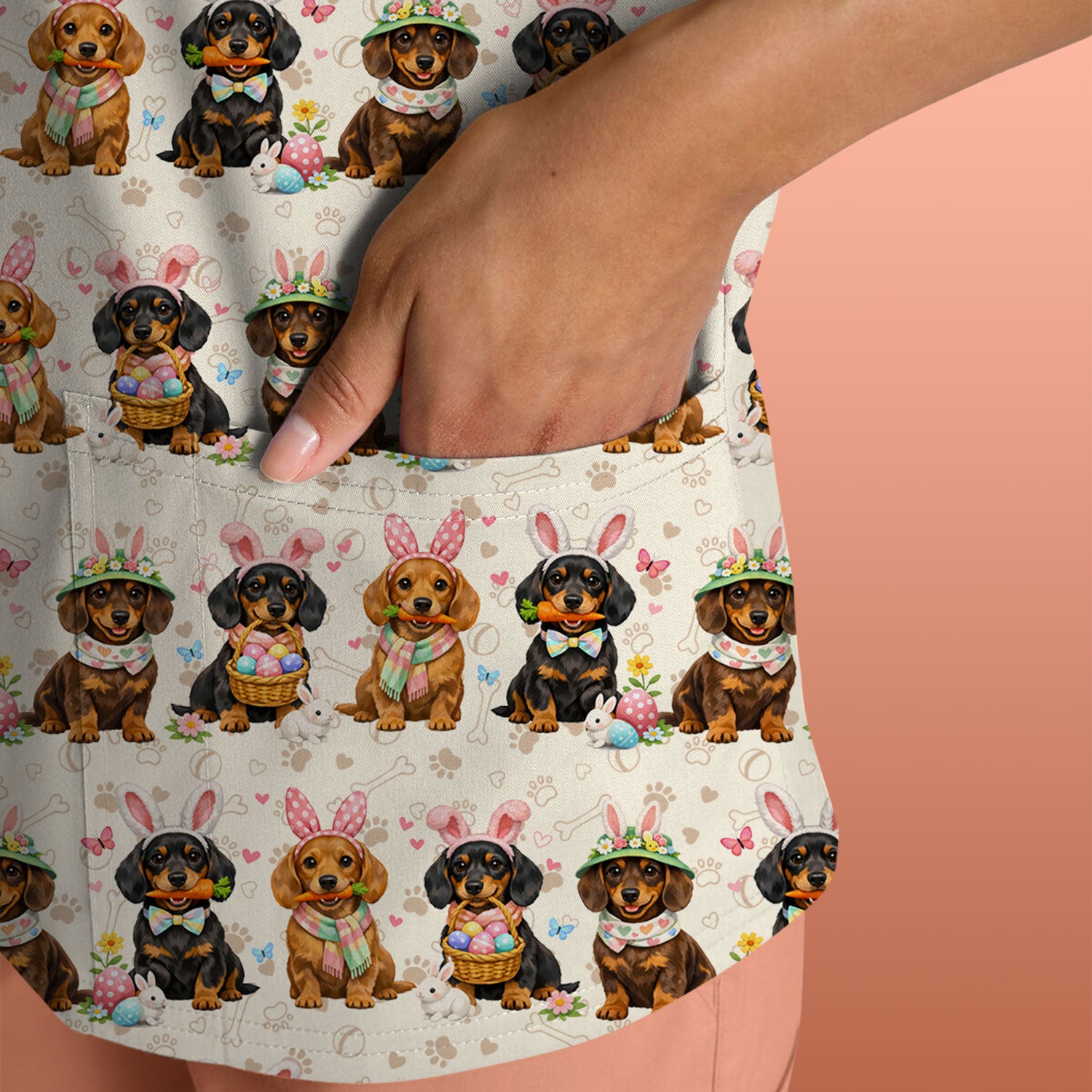 Cute Easter Dachshund Dog Bunny Print Scrub Top, Breathable Fabrics Nursing Uniform