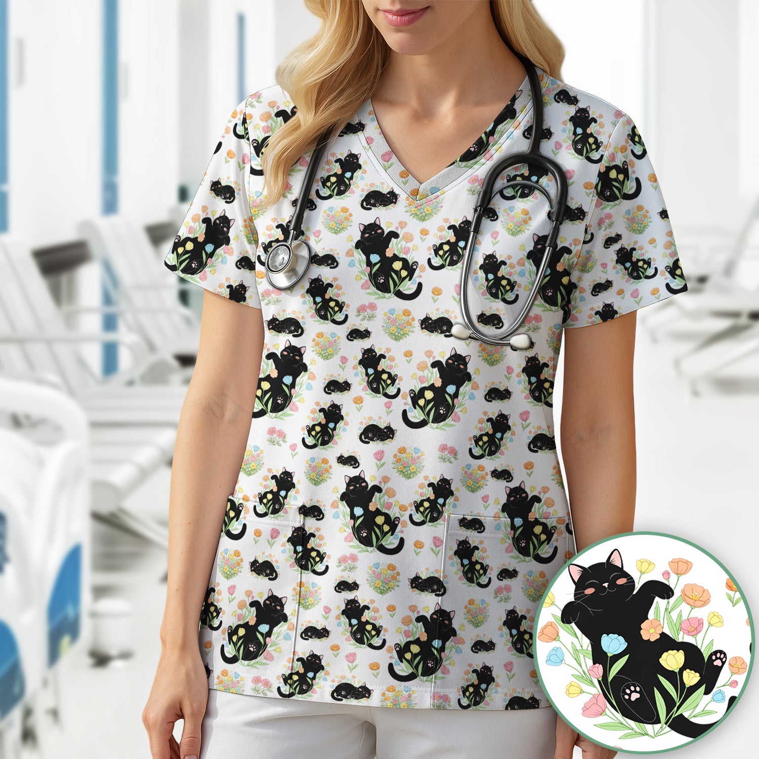 Cats With Cute Poses Floral Pattern Scrubs Top, Comfortable Scrubs for Nurses