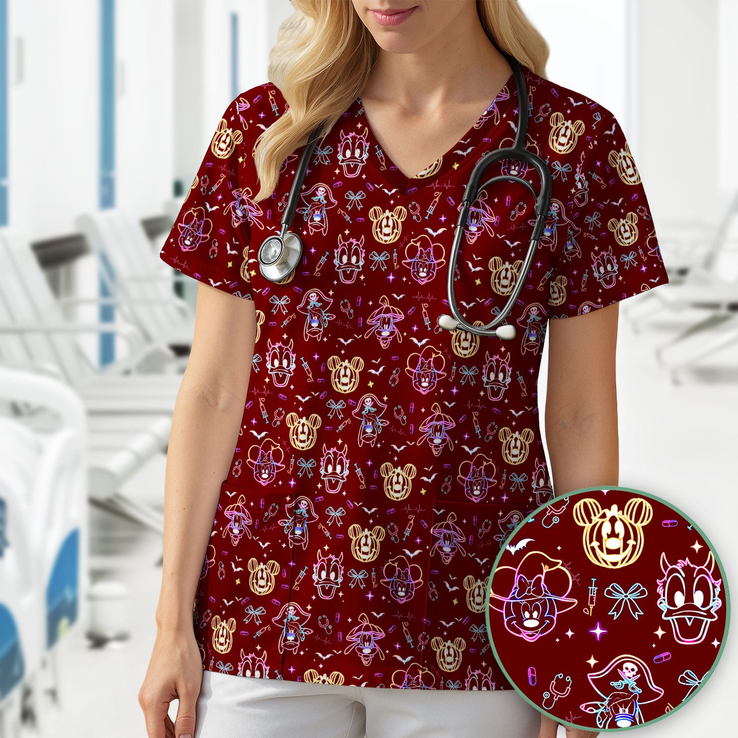 Neon Mouse Halloween Scrub Top for Nurses - Spooky Faces and Scary Pumpkin Shirt - Funny Med Uniform Gift for Women