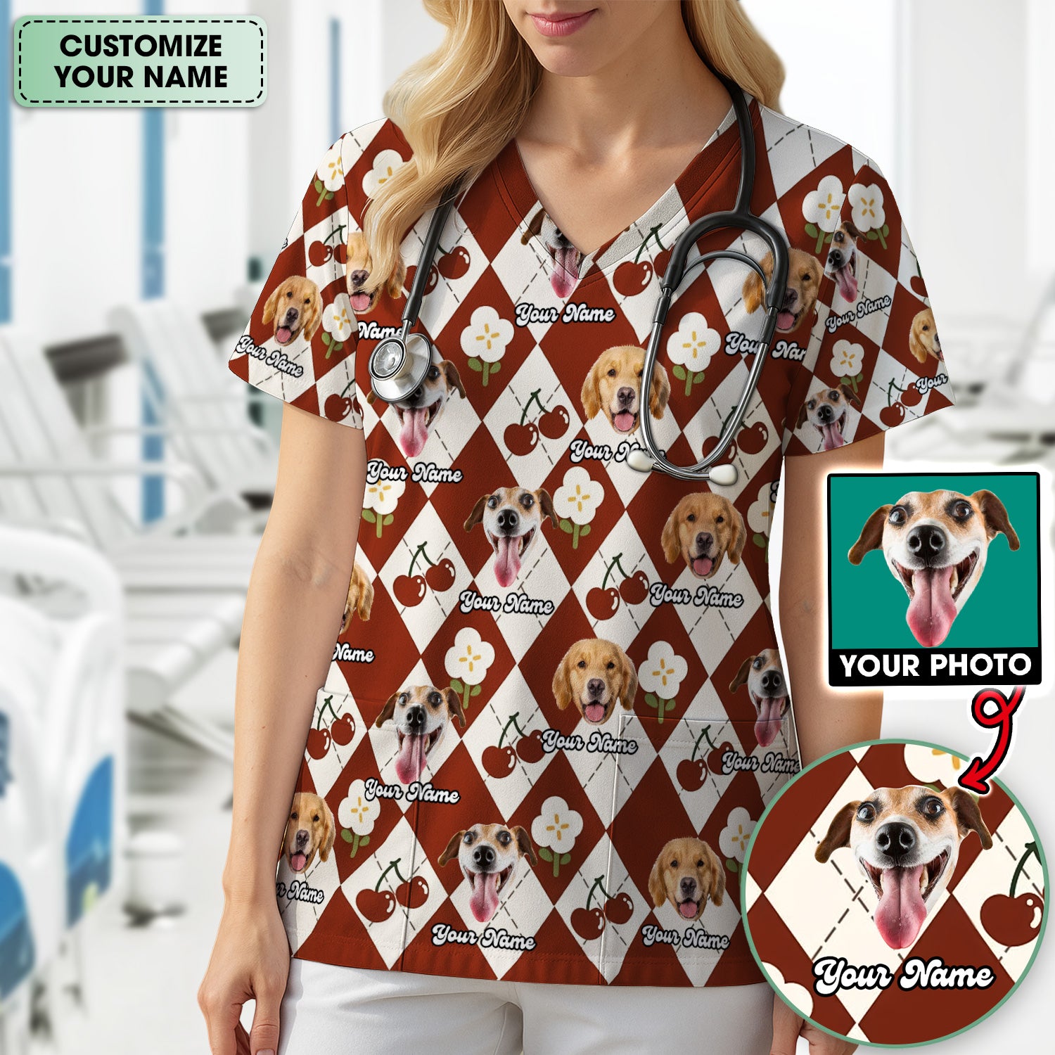 Custom Dog Face Scrub Top, Playful Dog Cherry Argyle Pattern Shirt, Comfortable Scrubs for Nurses