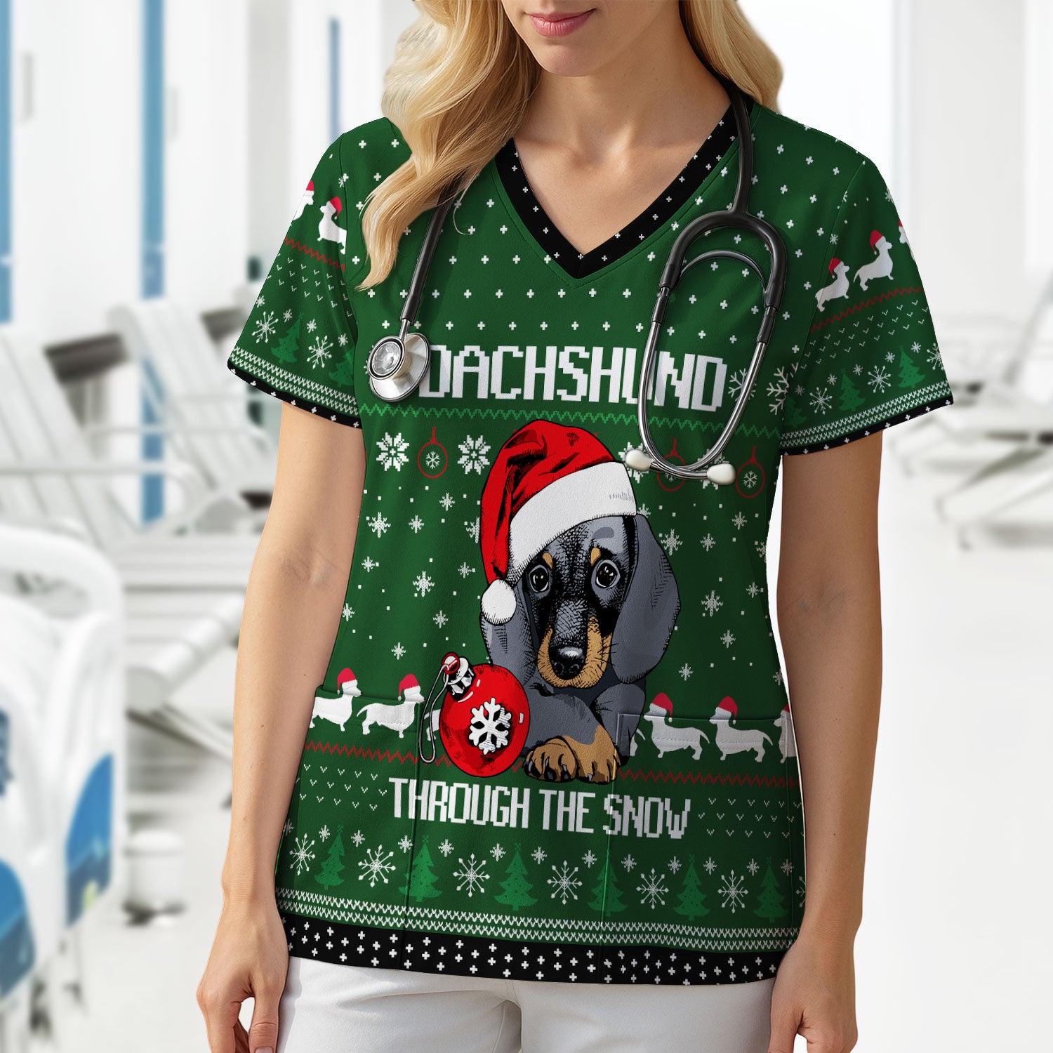 Dachshund Christmas Scrub Top - Funny Sausage Dog Nurse Shirt - Cute Holiday Scrubs for Women RN LPN CNA Gift