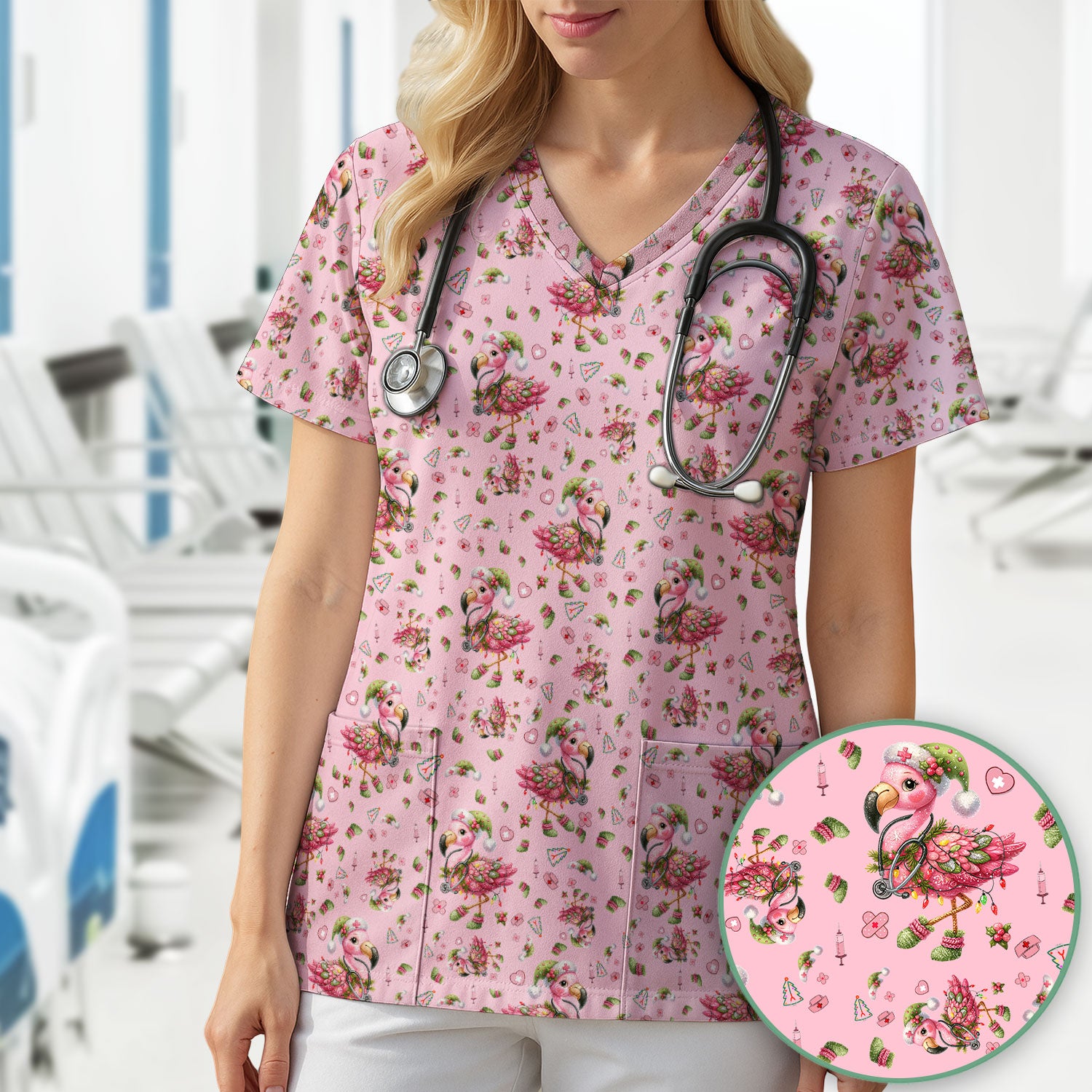 Flamingo Scrub Top for Nurse - Funny Christmas Medical Shirt - Holiday Christmas Gift for Healthcare Workers