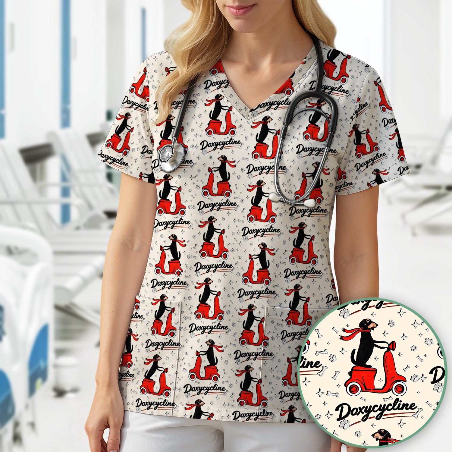 Funny Dachshund Riding Scooter Doxycycline Print Scrub Top ,Comfortable Scrubs for Nurses