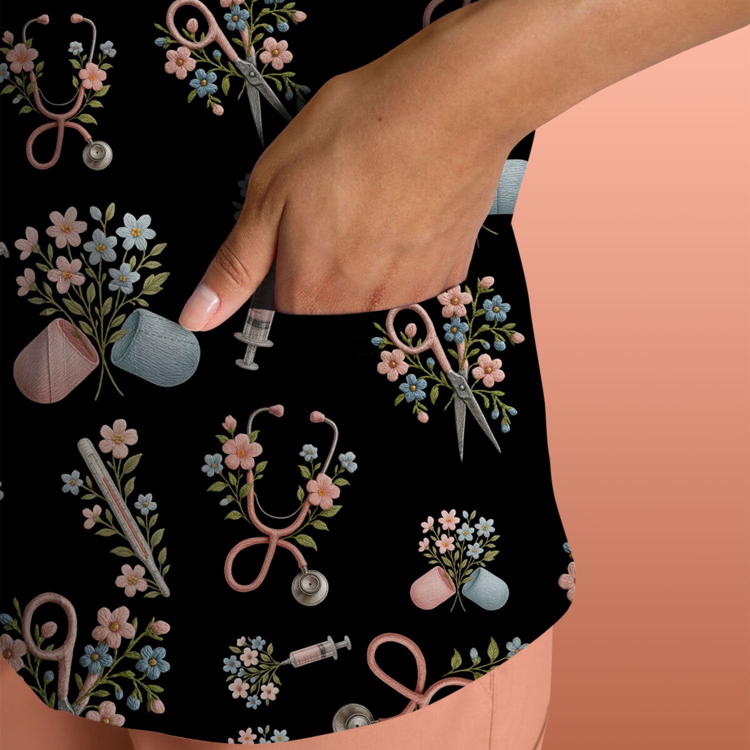 Floral Medical Scrub Top, Elegant Stethoscope With Flower Nursing Shirt, Breathable Fabrics Nurse Uniform