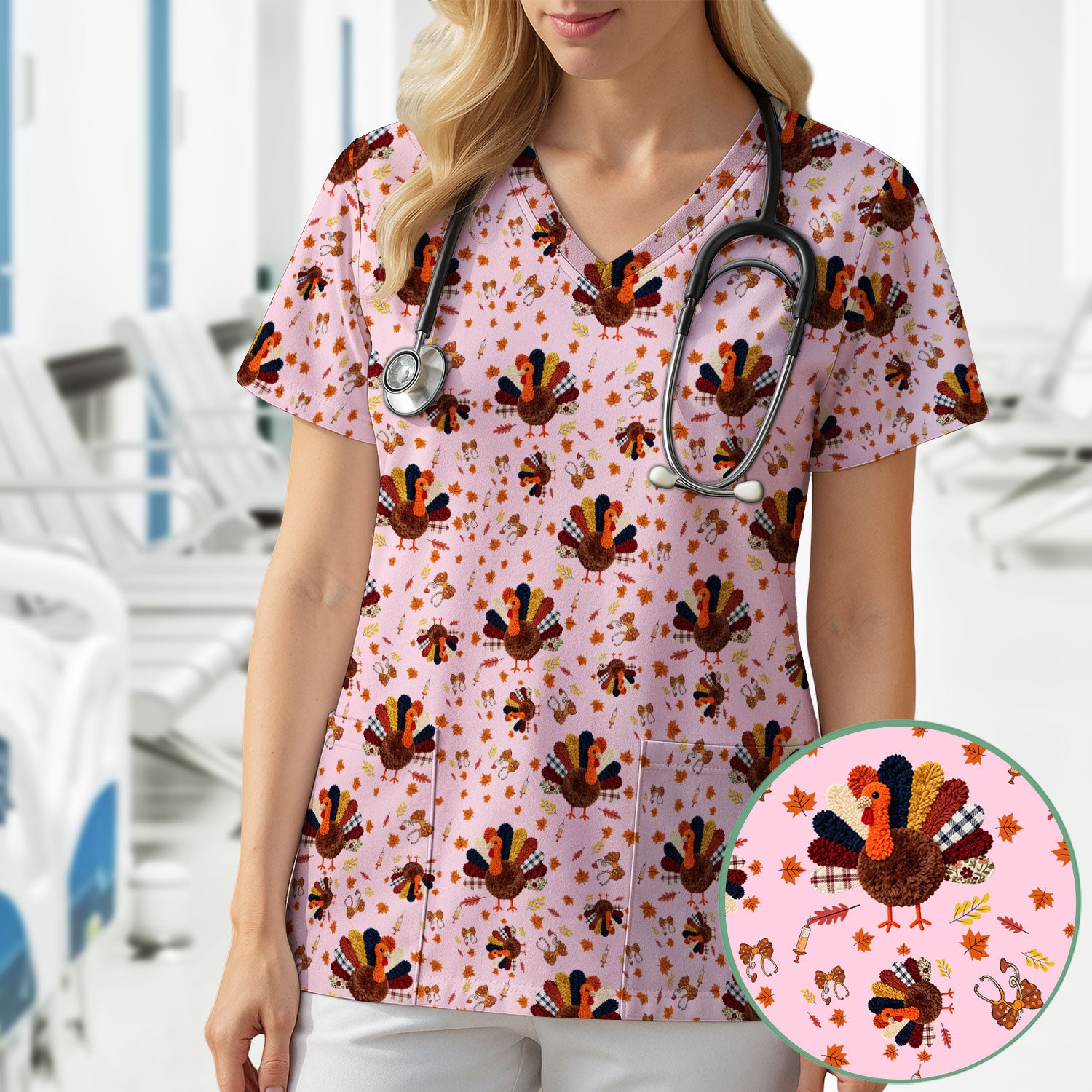 Funny Thanksgiving Nurse Scrub Top - Fall Leaves and Pumpkin Shirt - Autumn Turkey Med Uniform Gift for RN CNA LPN