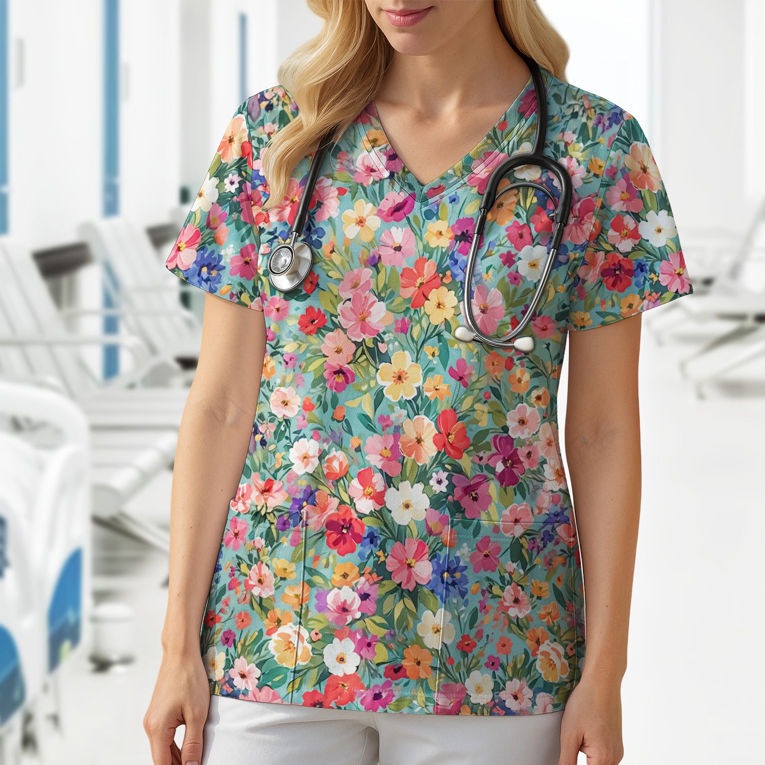 Colorful Wildflower Garden Bloom Scrub Top, Comfortable Scrubs for Nurses