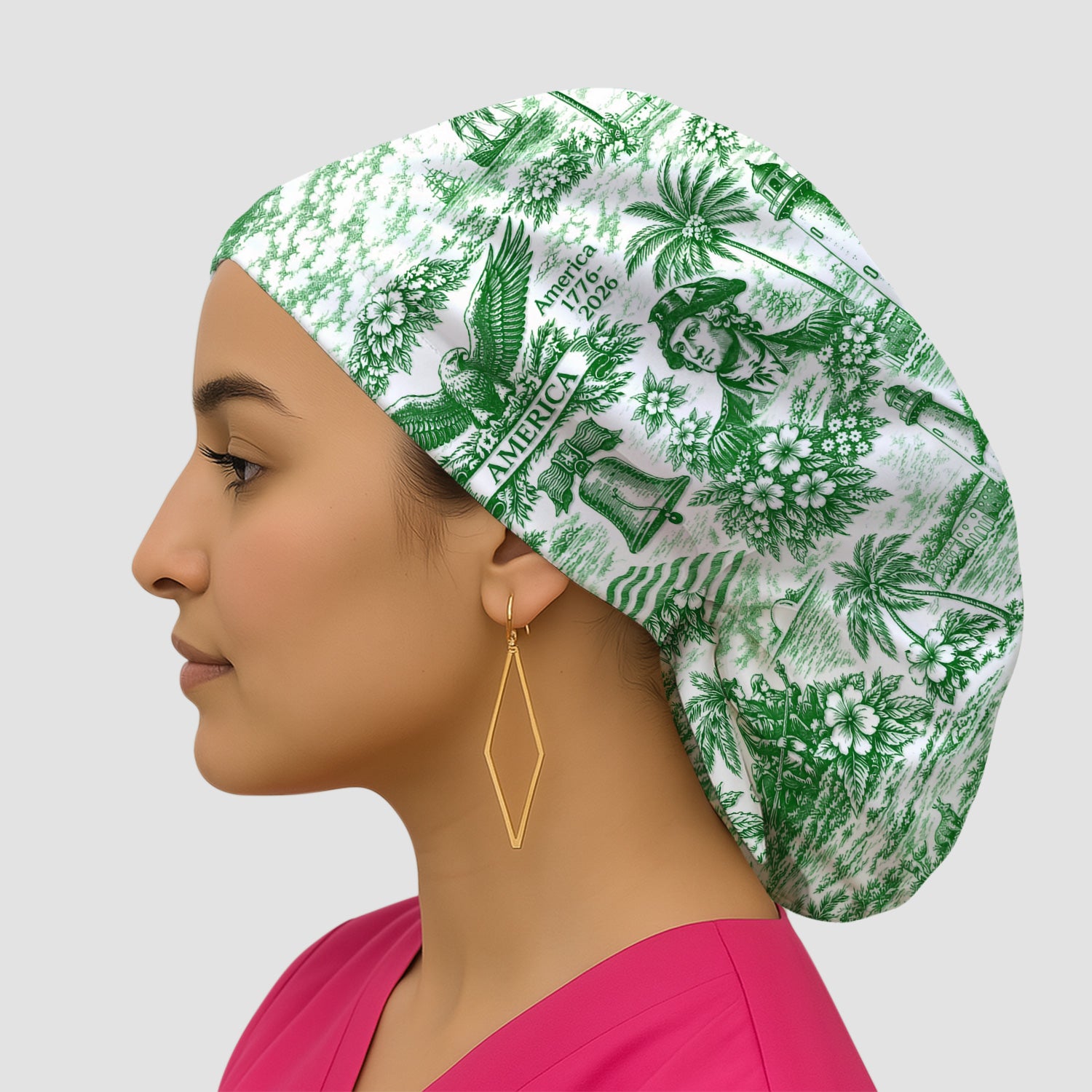 Patriotic America Heritage Toile Pattern Cap, Bouffant Scrub Caps for Women