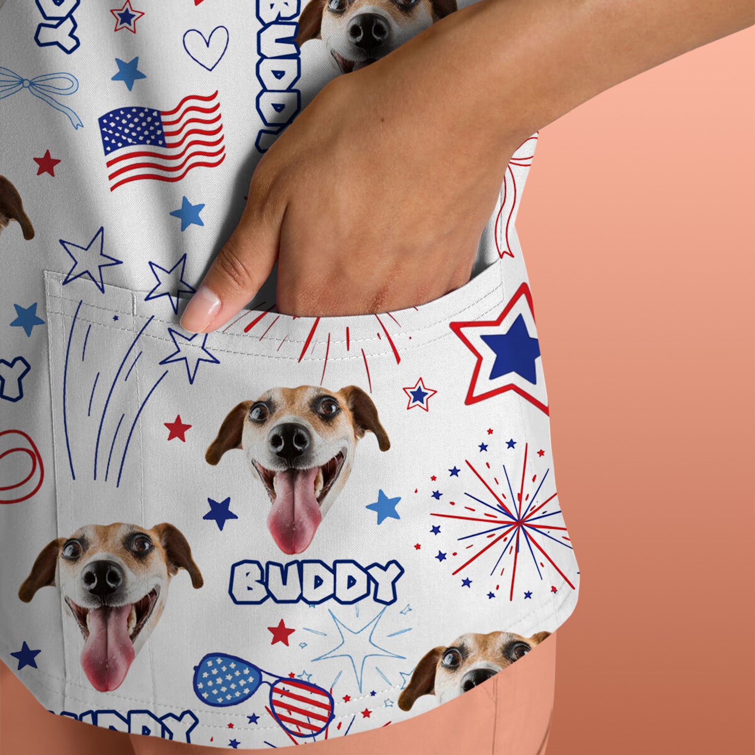 Custom Face Dog Scrub Top, Personalized Patriotic Dog Face Name Pattern Shirt, Breathable Fabrics Nursing Uniform