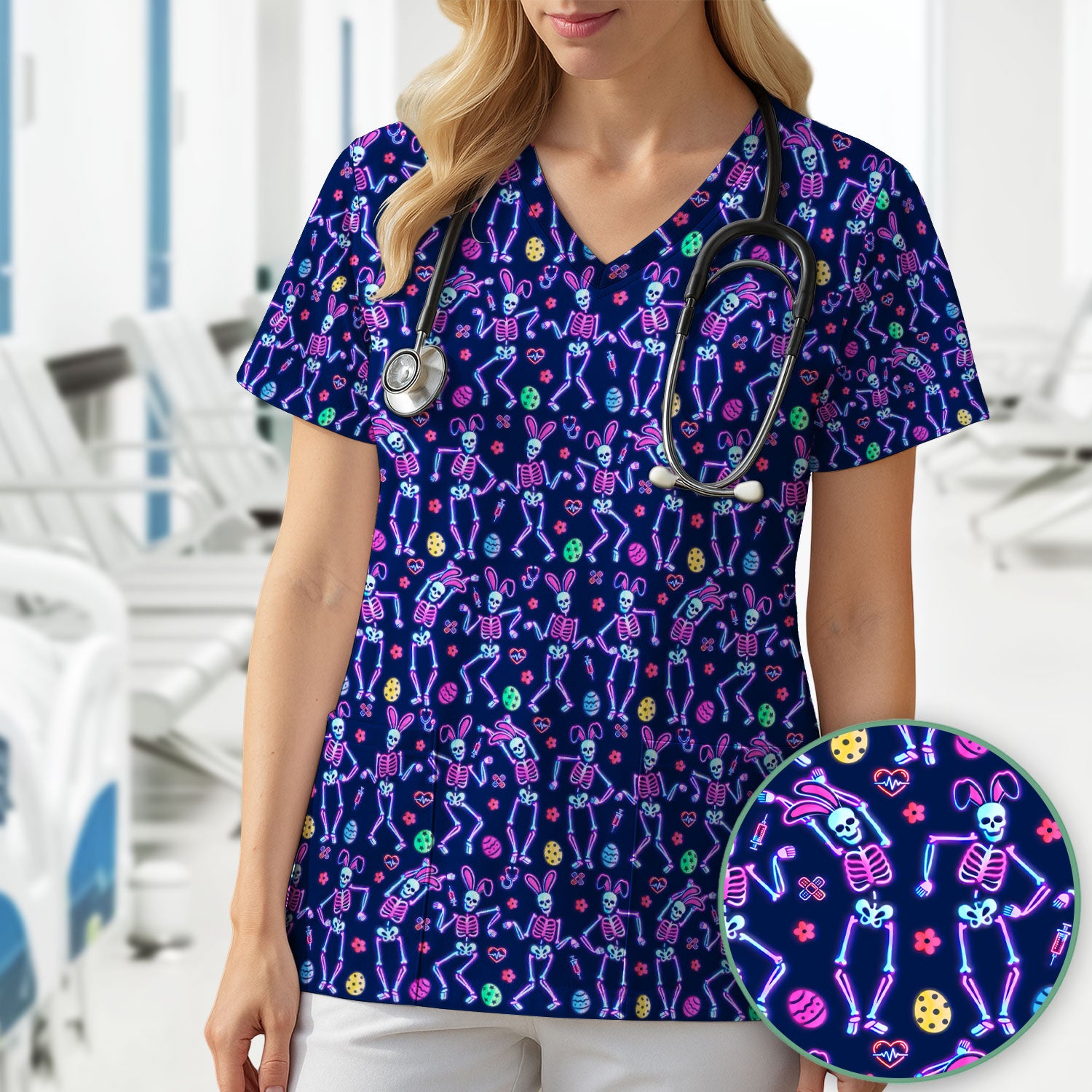 Neon Easter Skeleton Pattern Scrub Top, Comfortable Scrubs for Nurses