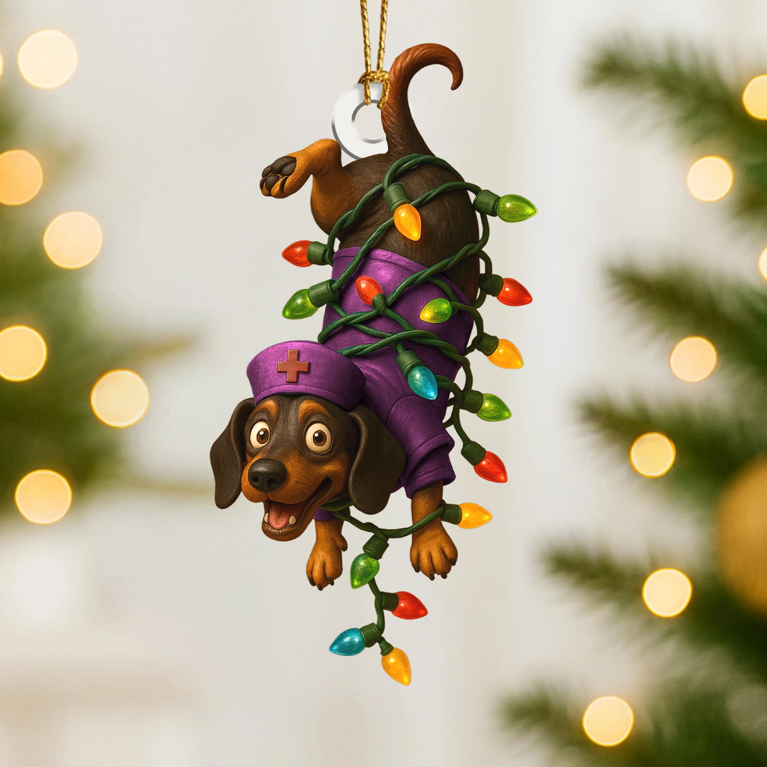 Personalized Nurse Dachshund Ornament, Funny Wiener Dog Christmas Ornament With Lights, Custom Medical Ornament for RN, LPN, CNA Gift
