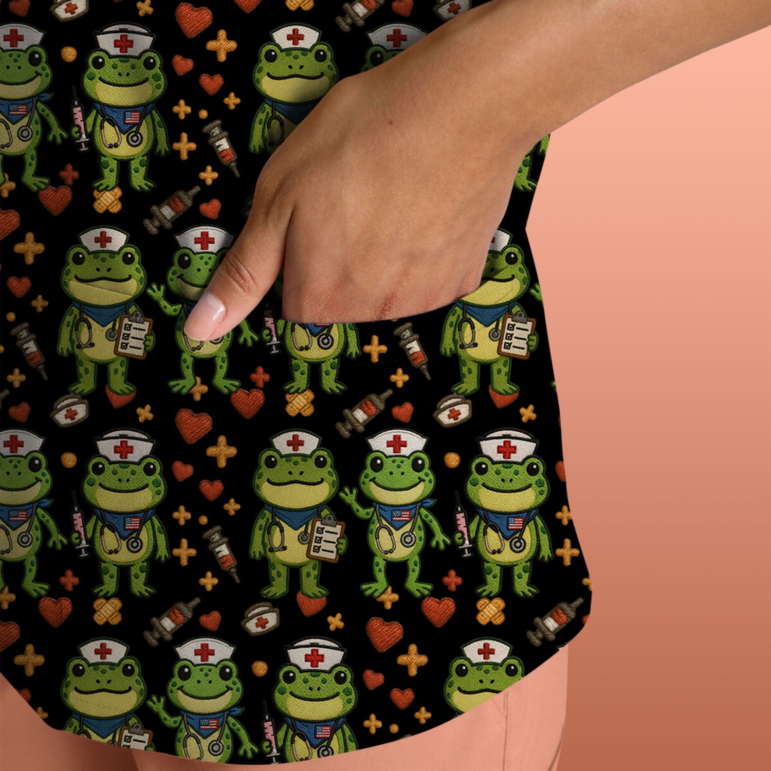 Frog Pattern Scrub Top, Cute Frog Scrub Shirt, Breathable Fabrics Nursing Uniform