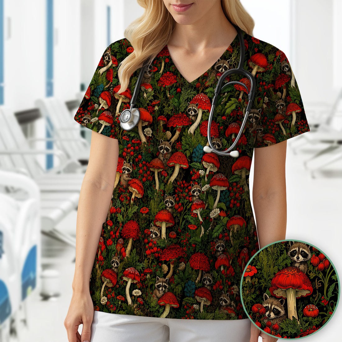 Woodland Raccoon Red Mushroom Pattern Scrub Top, Comfortable Scrubs for Nurses