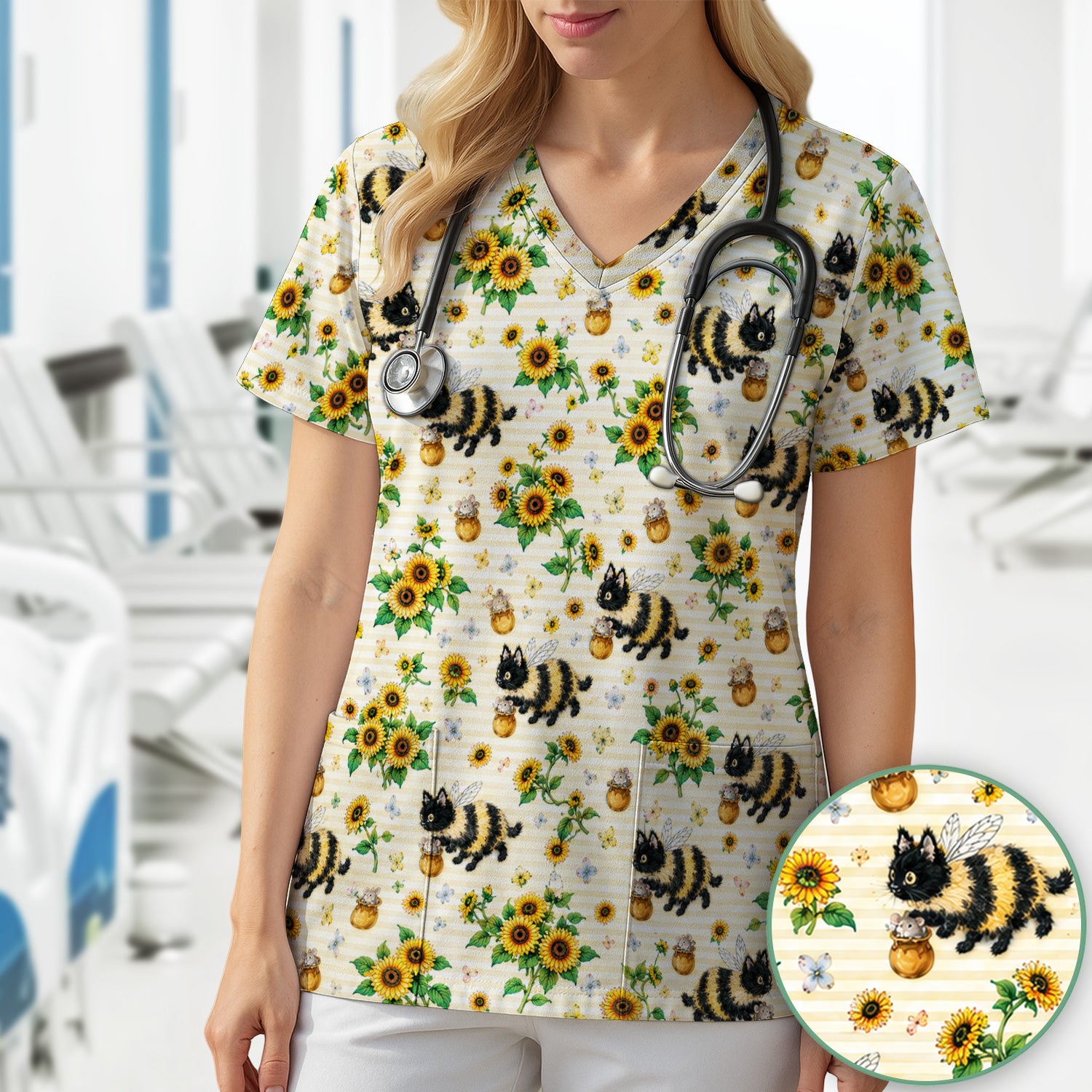 Cute Bumblebee Cat Sunflower Pattern Scrub Top, Comfortable Scrubs for Nurses