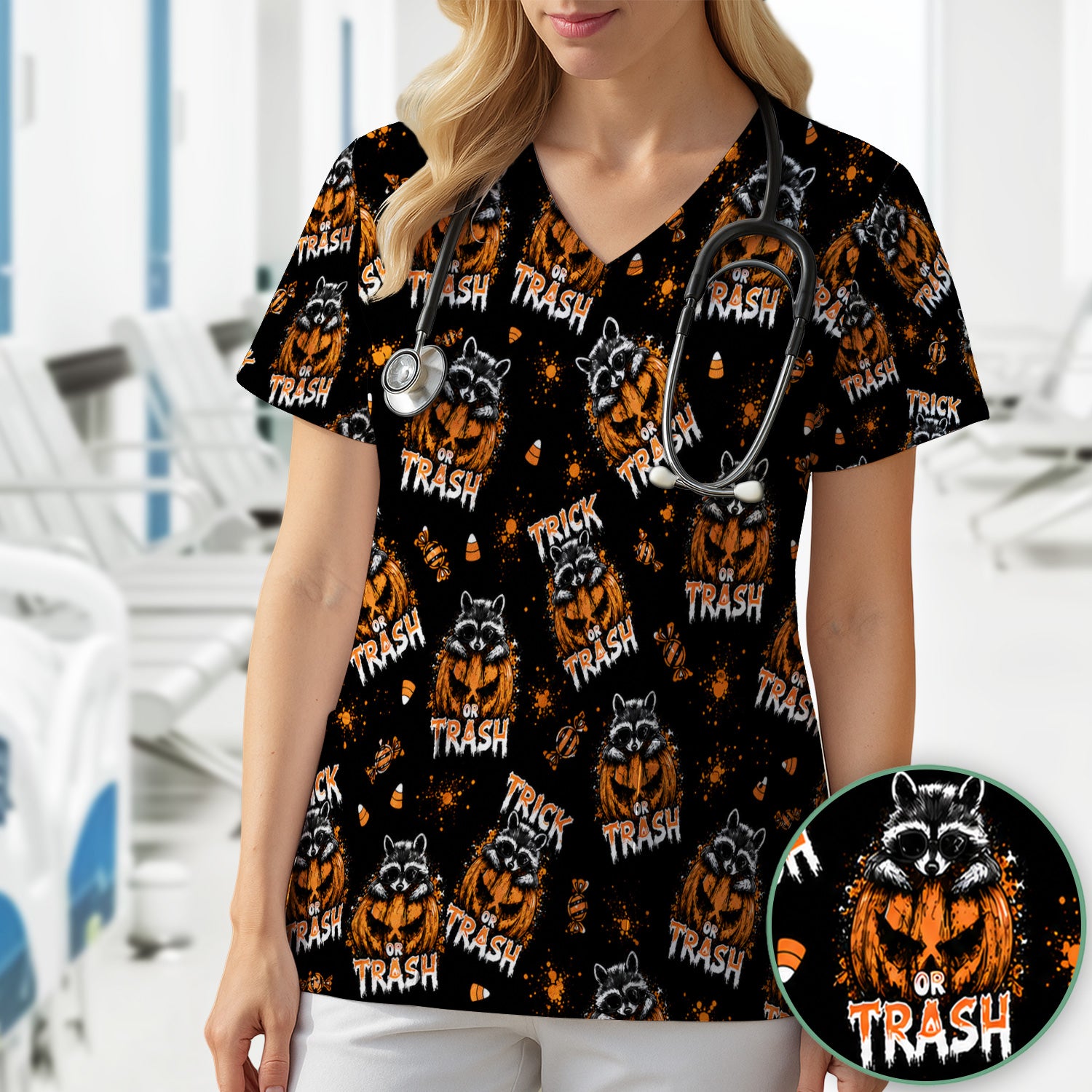 Funny Halloween Trick Or Trash Raccoon Scrub Top, Comfortable Scrubs for Nurses