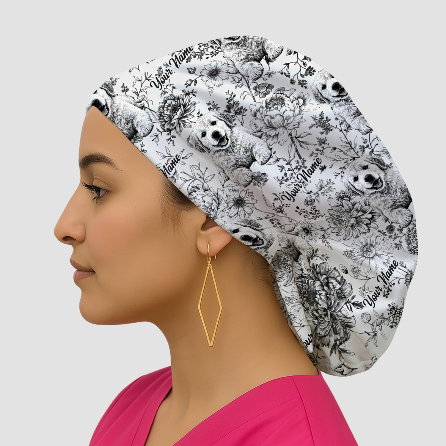Personalized Custom Pet Photo Name Floral Pattern Scrub Cap, Surgical Caps for Doctors