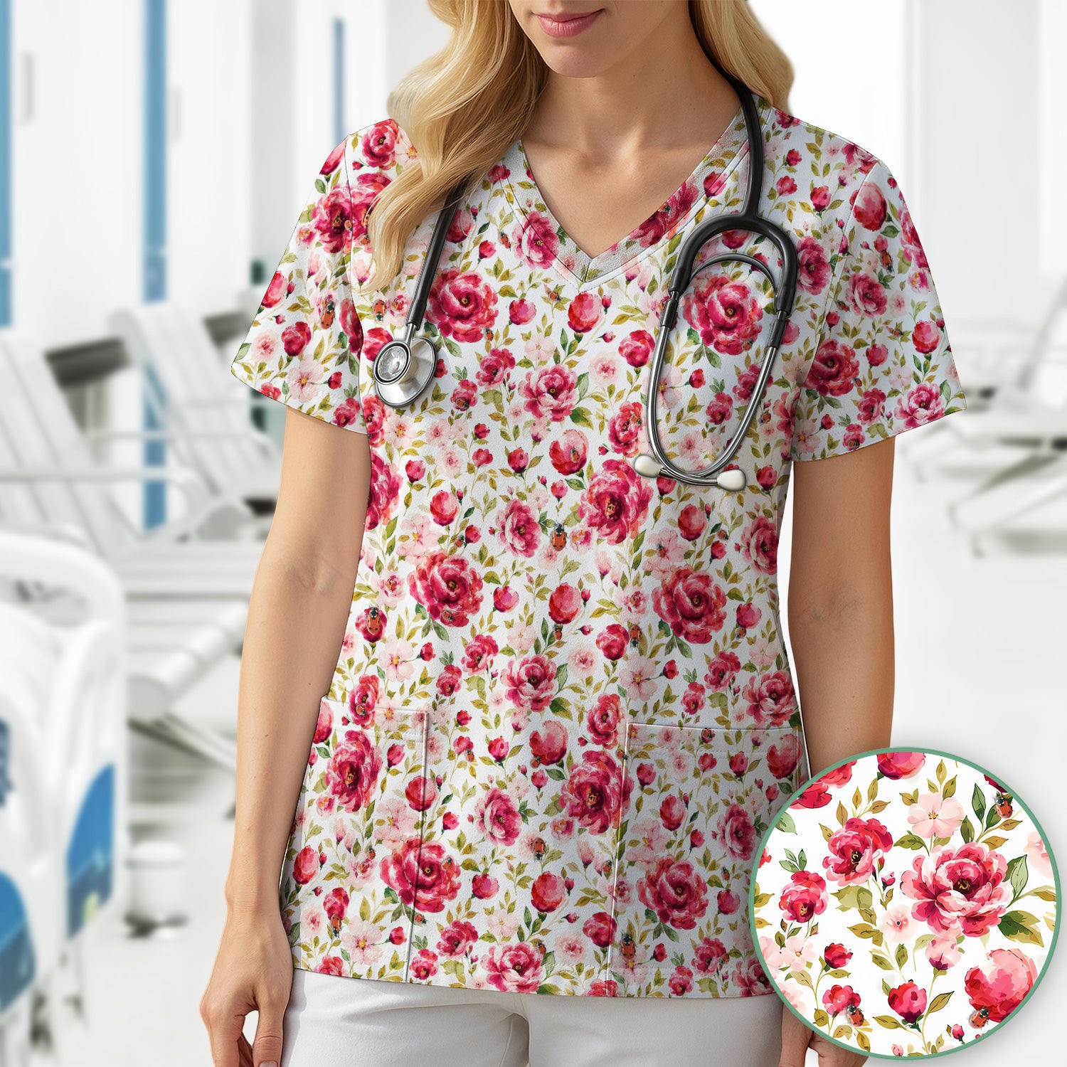 Pink Rose Ladybug Garden Pattern Scrub Top, Comfortable Scrubs for Nurses