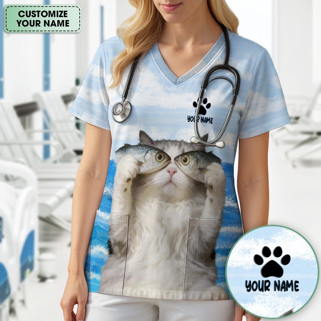 Personalized Cat Holding Fish Pattern Nurse Scrub Top, Comfortable Scrubs for Nurses