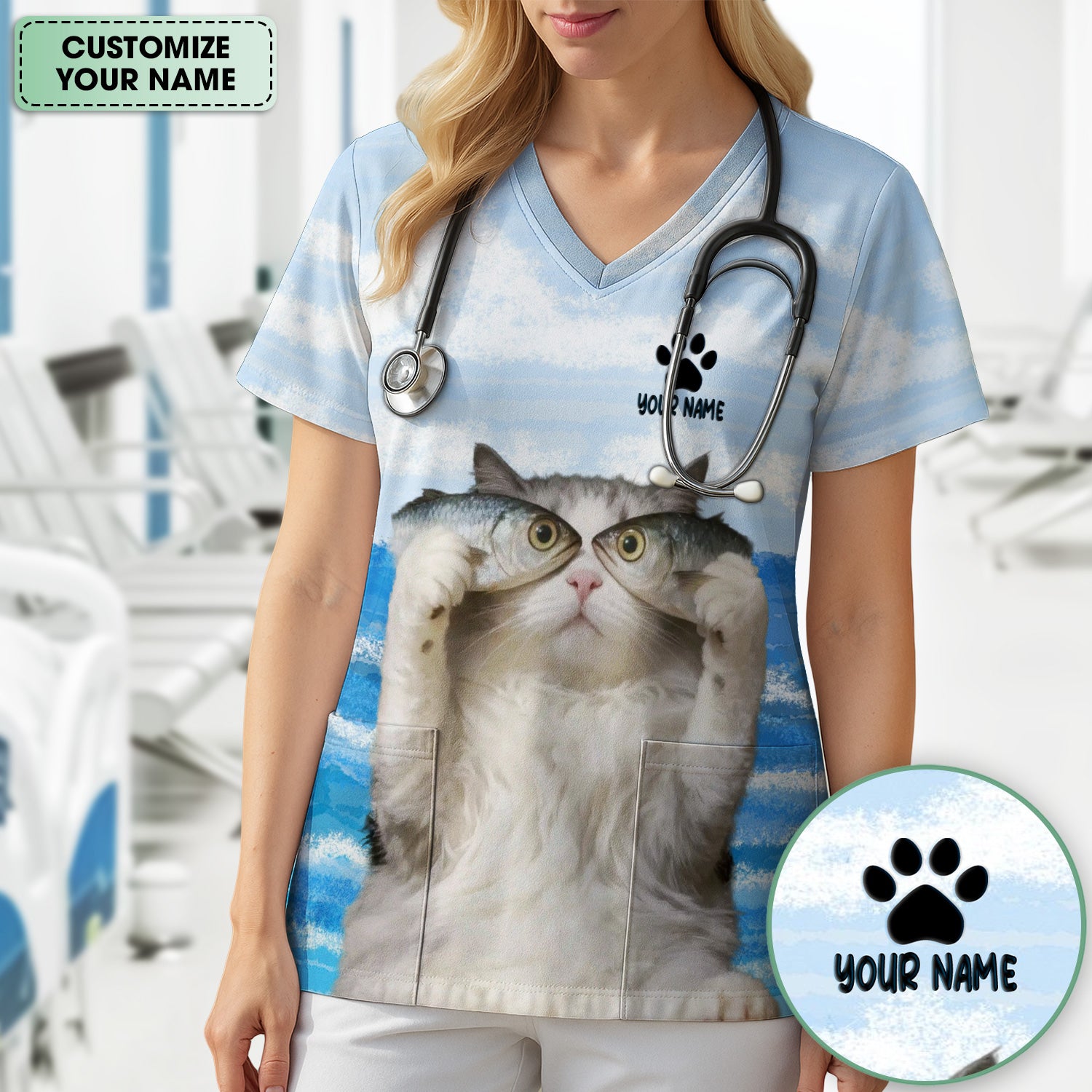 Personalized Cat Holding Fish Pattern Nurse Scrub Top, Comfortable Scrubs for Nurses