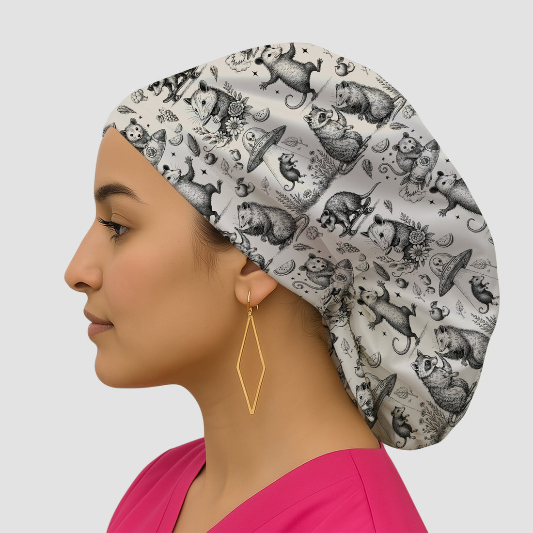 Funny Nurse Vintage Possum Raccoon High Five UFO Pattern Scrub Cap, Surgical Caps for Doctors