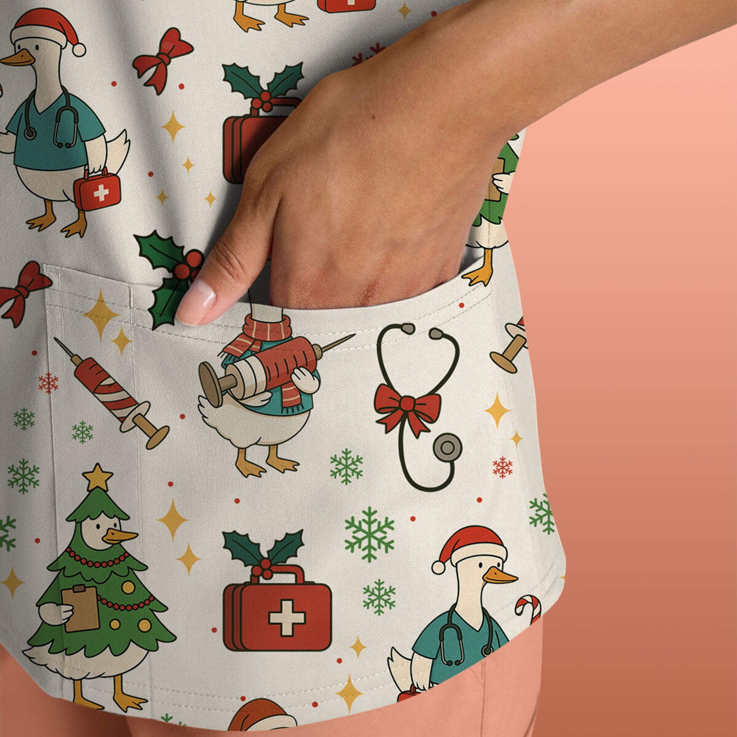 Funny Christmas Duck Nurse Scrub Top - Cute Santa Pattern Holiday Shirt for Women - Festive Nursing Outfit Gift for RN LPN CNA