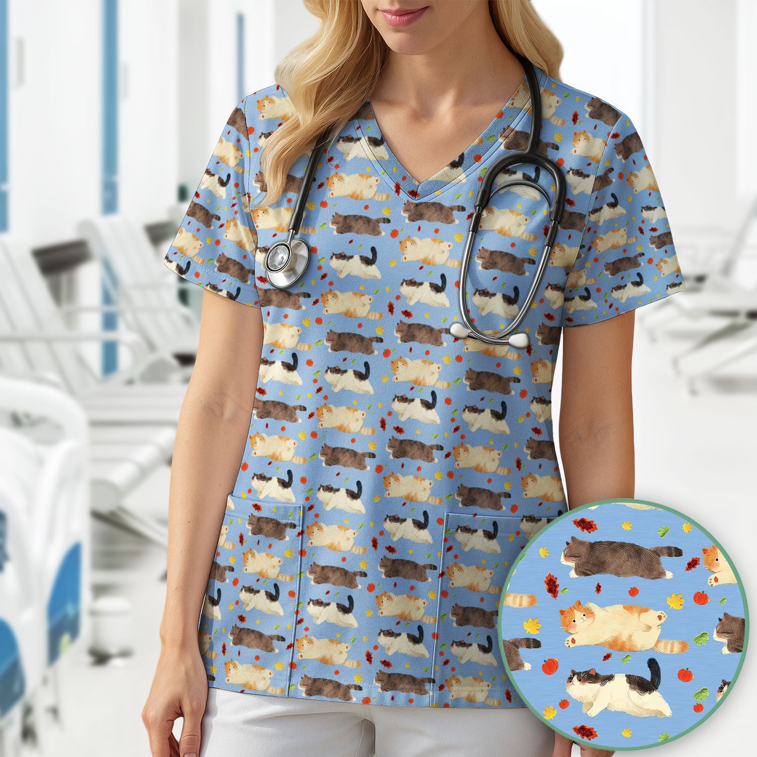 Chubby Cat Autumn Leaves Print Scrub Top, Breathable Fabrics Nursing Uniform