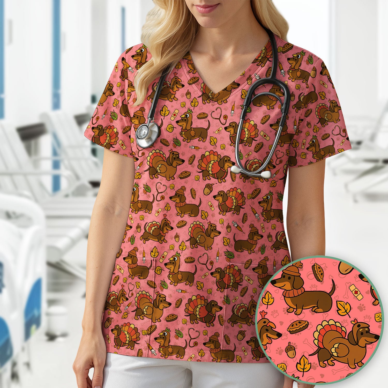 Thanksgiving Wiener Dog Scrub Top - Funny Dachshund TurkeChicken Nurse Shirt for Women - Cute Holiday Medical Uniform