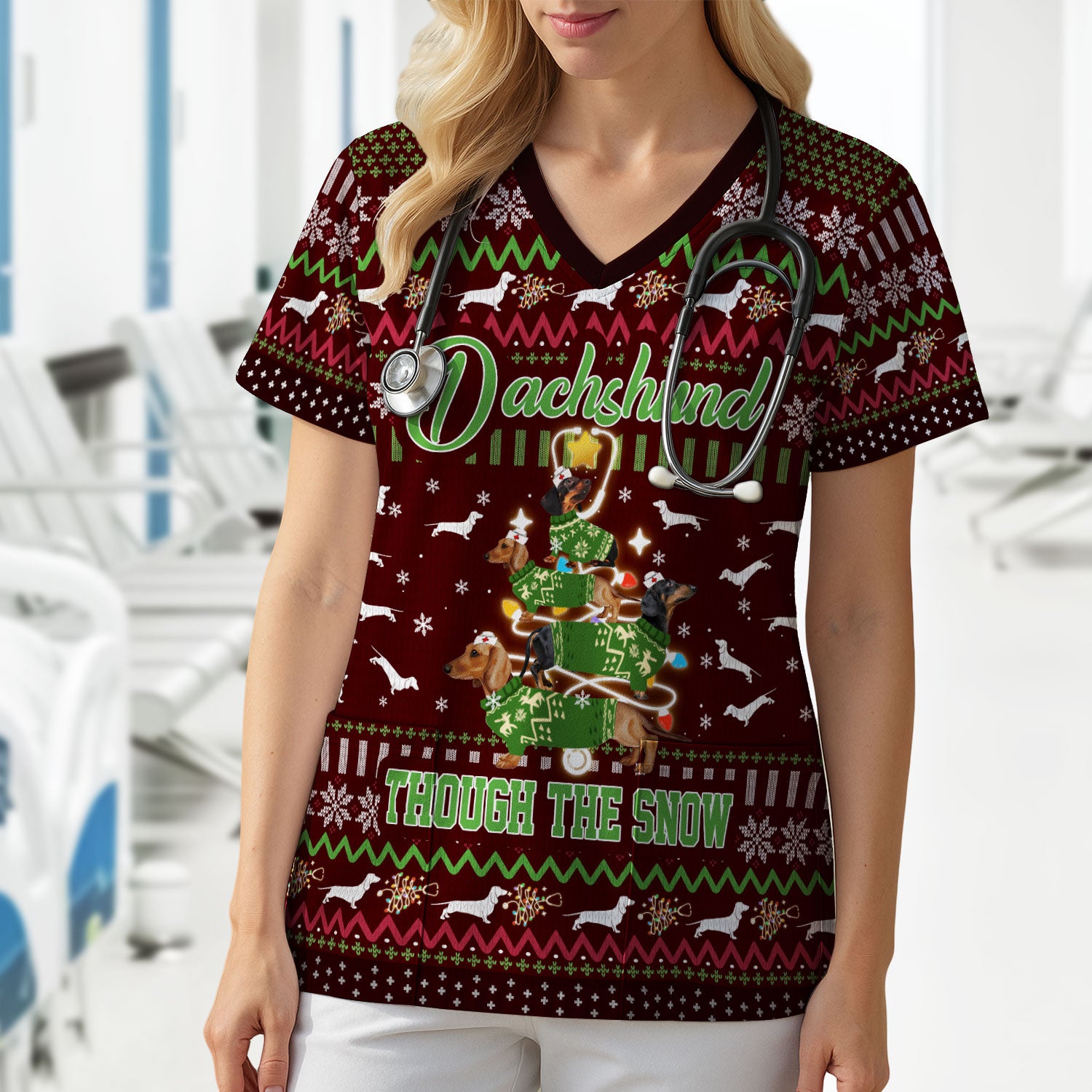 Dachshund Through The Snow Christmas Scrub Top - Funny Sausage Dog Xmas Tree Nurse Shirt - Cute Holiday Medical Uniform