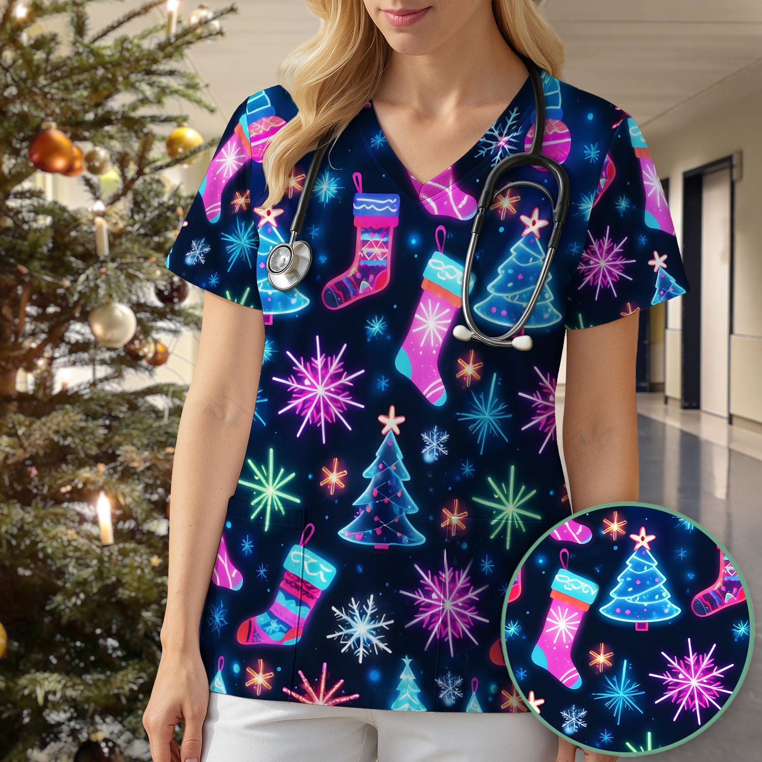 Xmas Neon Pattern Scrub Top, Christmas Scrub Shirt, Breathable Fabrics Nursing Uniform
