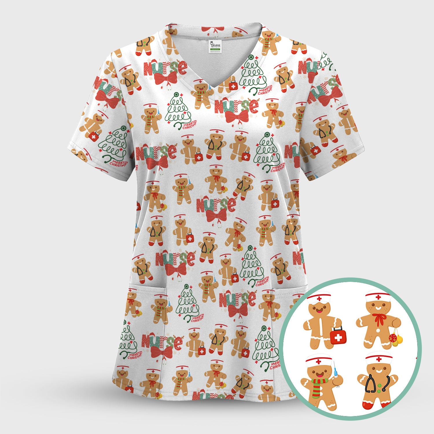Christmas Nurse Scrub Top - Gingerbread Cookie Holiday Shirt - Medical Gift for CNA RN LPN Healthcare Workers