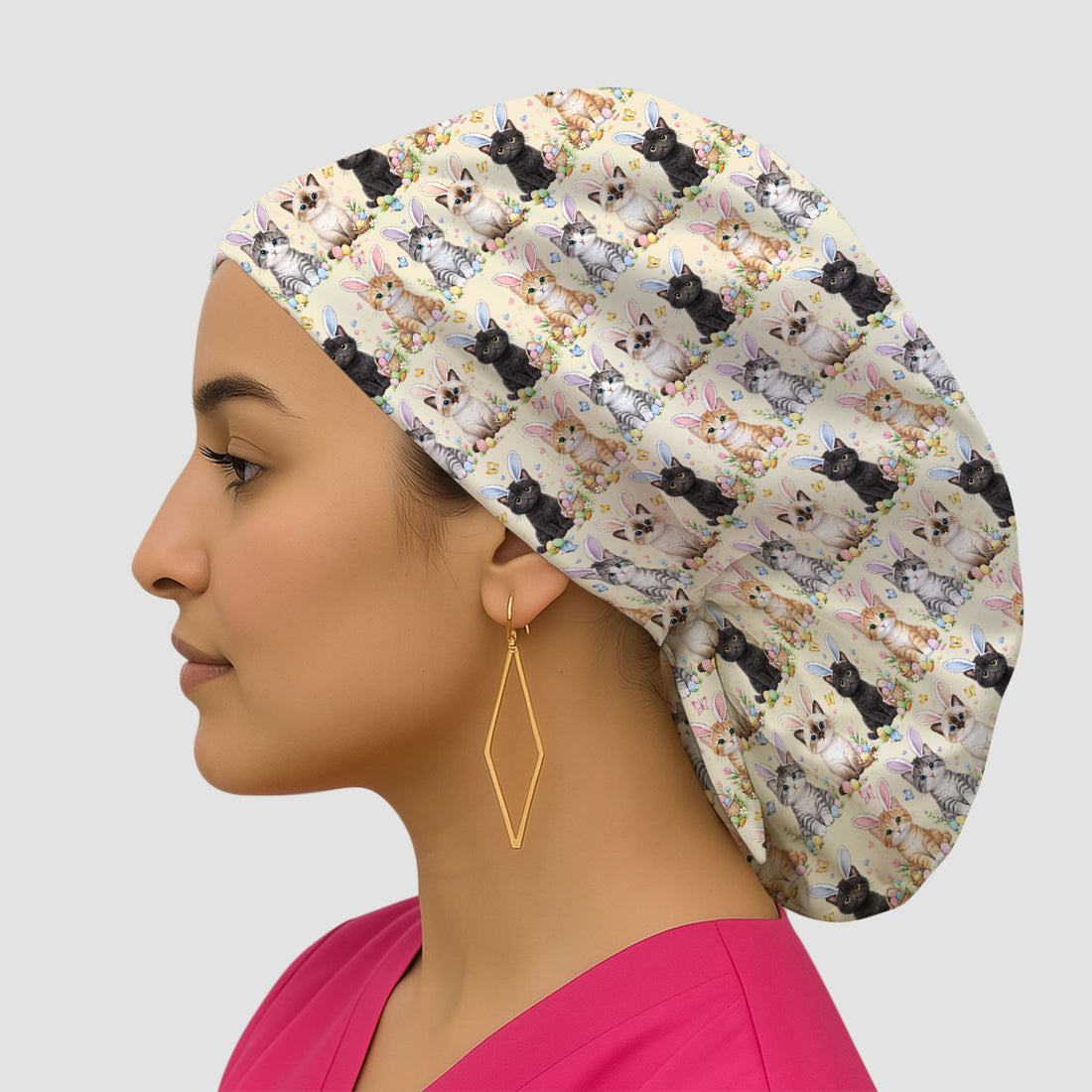 Easter Kitten Bunny Ears Pattern Cap, Bouffant Scrub Caps for Women