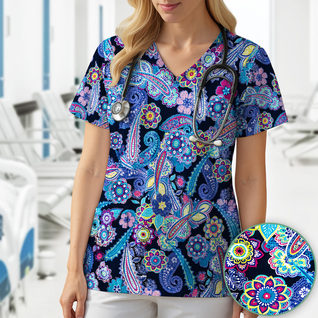 Vibrant Paisley Floral Nurse Scrub Top for RN, CNA, Healthcare Workers, Boho Uniform