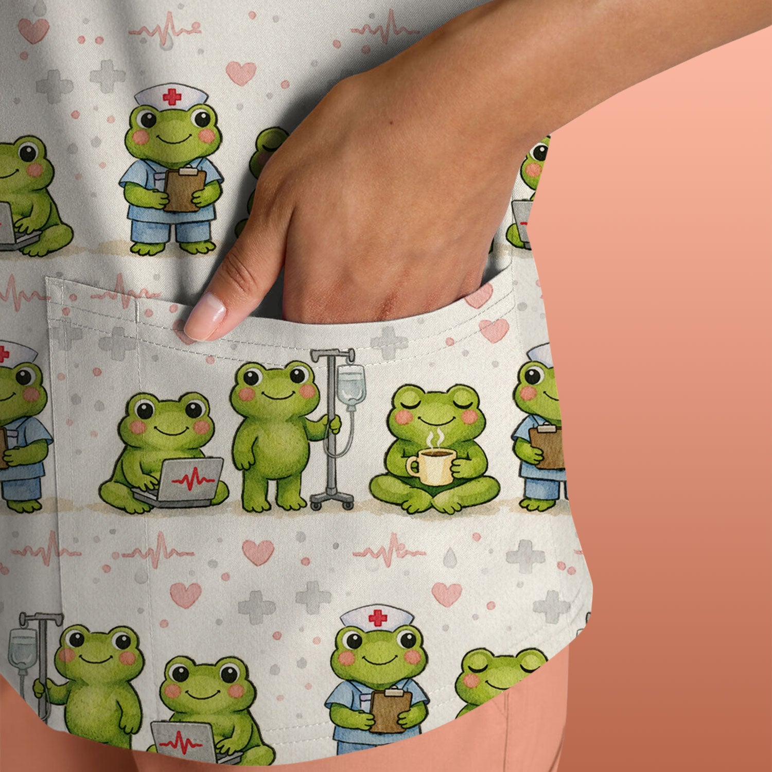 Adorable Frog Nurse Various Poses Print Scrub Top, Comfortable Scrubs for Nurses