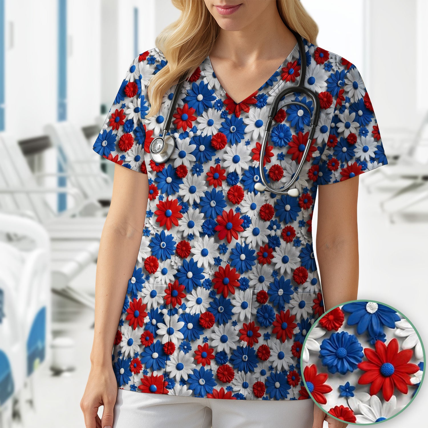 Patriotic Red Blue Daisy Floral Pattern Scrub Top, Comfortable Scrubs for Nurses
