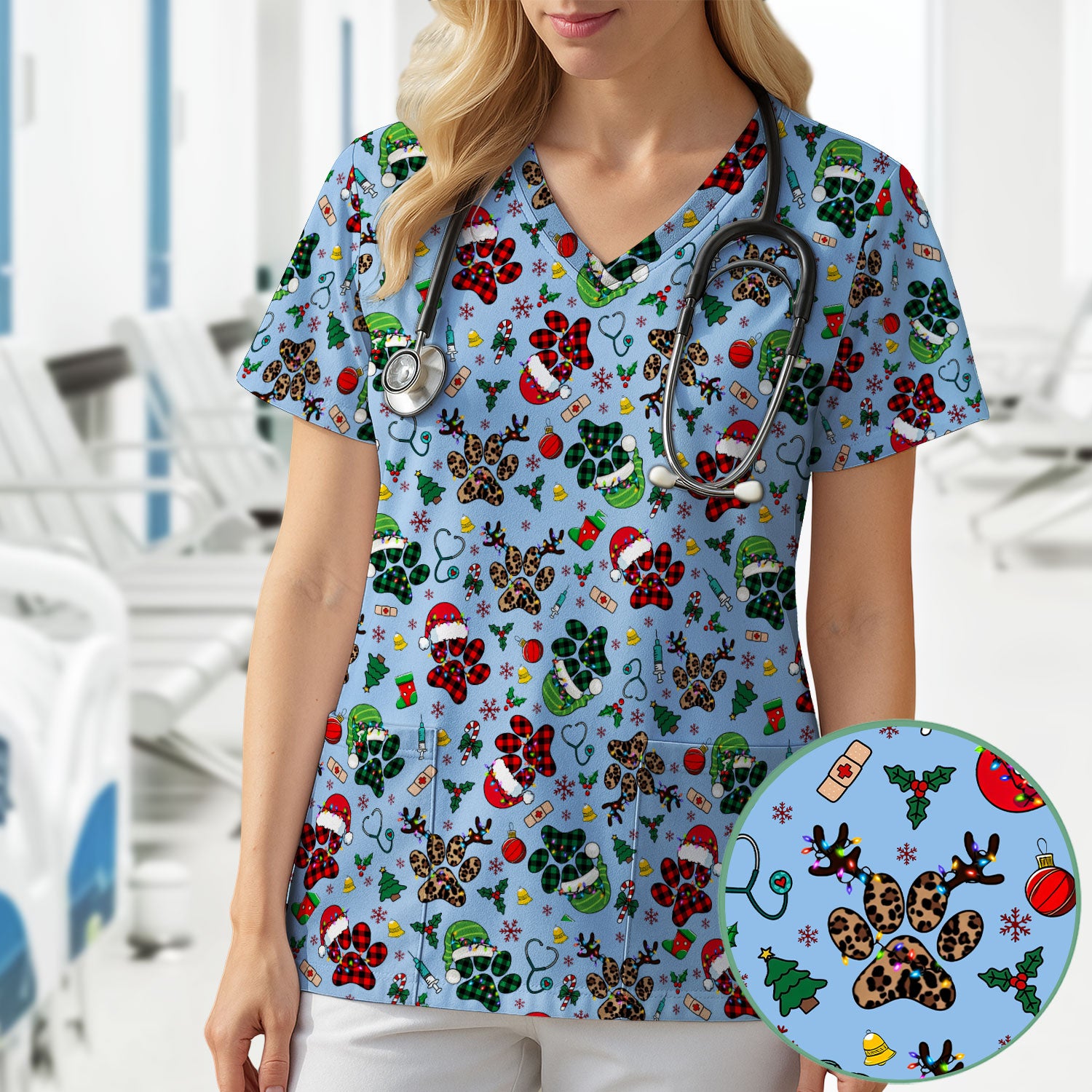 Christmas Paw Print Scrub Top for Nurses - Cute Leopard Holiday Pattern - Funny Festive Medical Uniform Gift