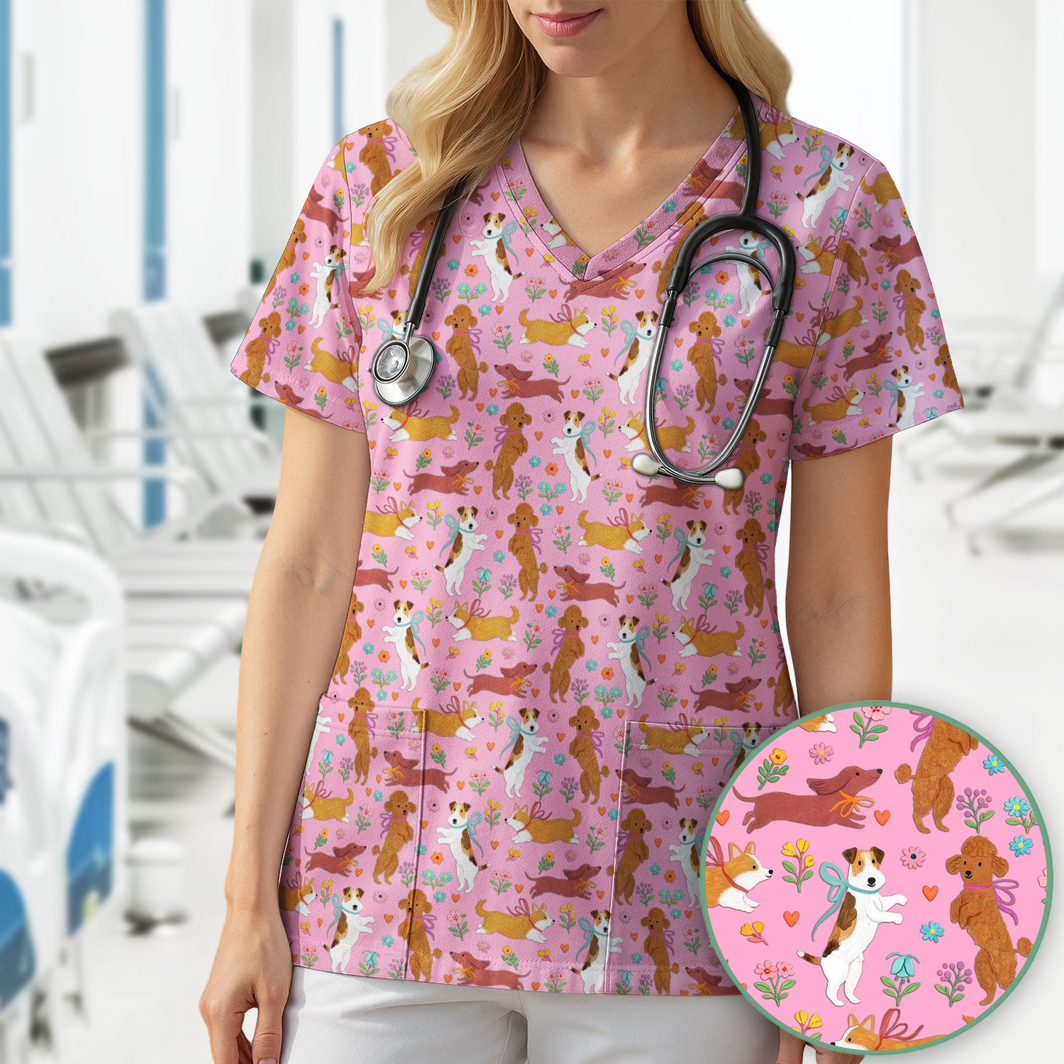 Cute Cartoon Dog Print Nurse Scrub Top, Comfortable Scrubs for Nurses