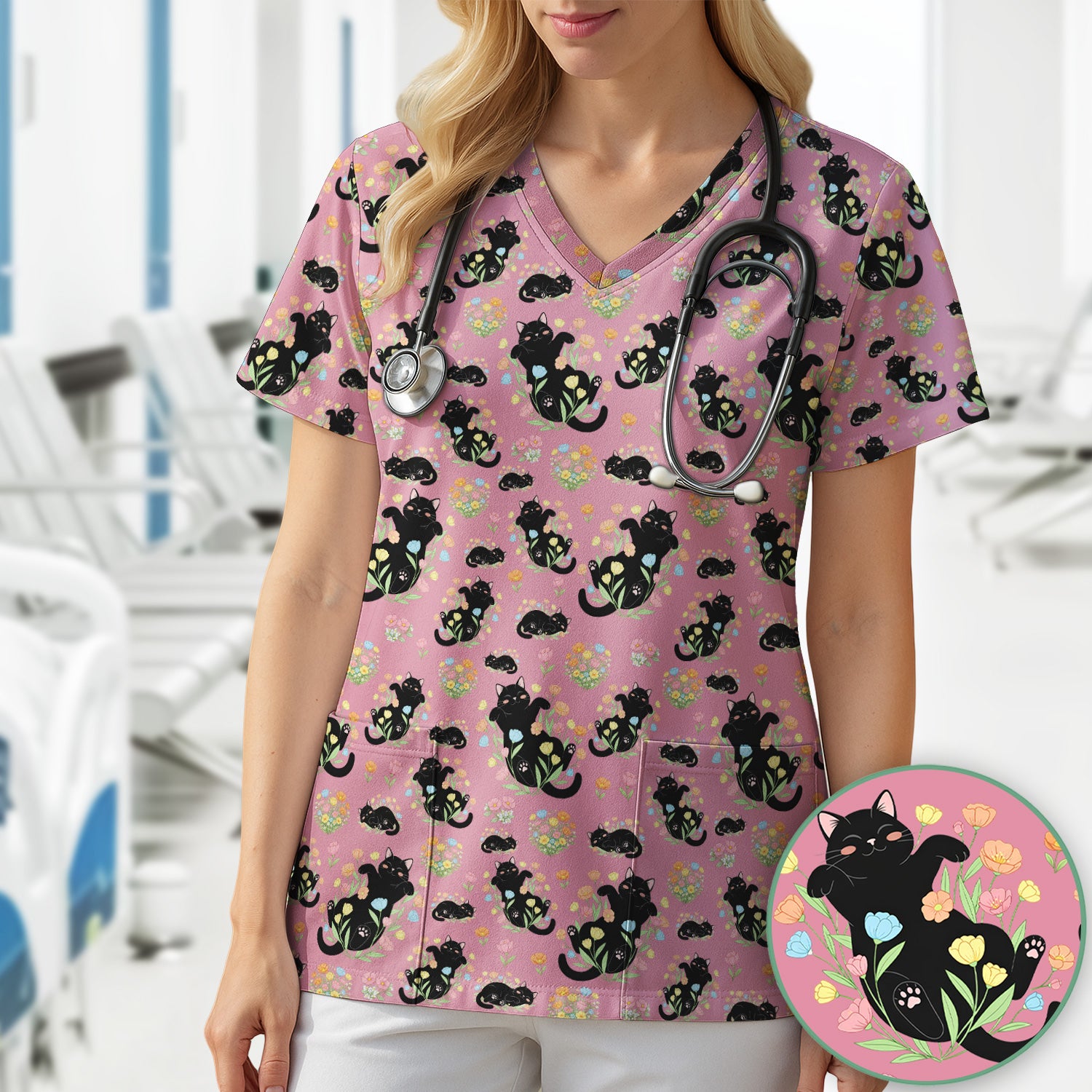 Cats With Cute Poses Floral Pattern Scrubs Top, Comfortable Scrubs for Nurses