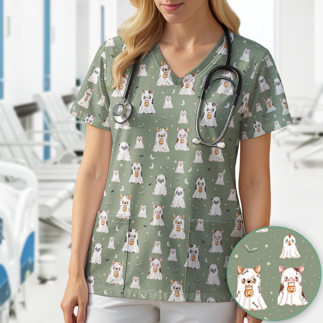 Spooky Farm Animal Ghost Scrub Top, Comfortable Scrubs for Nurses