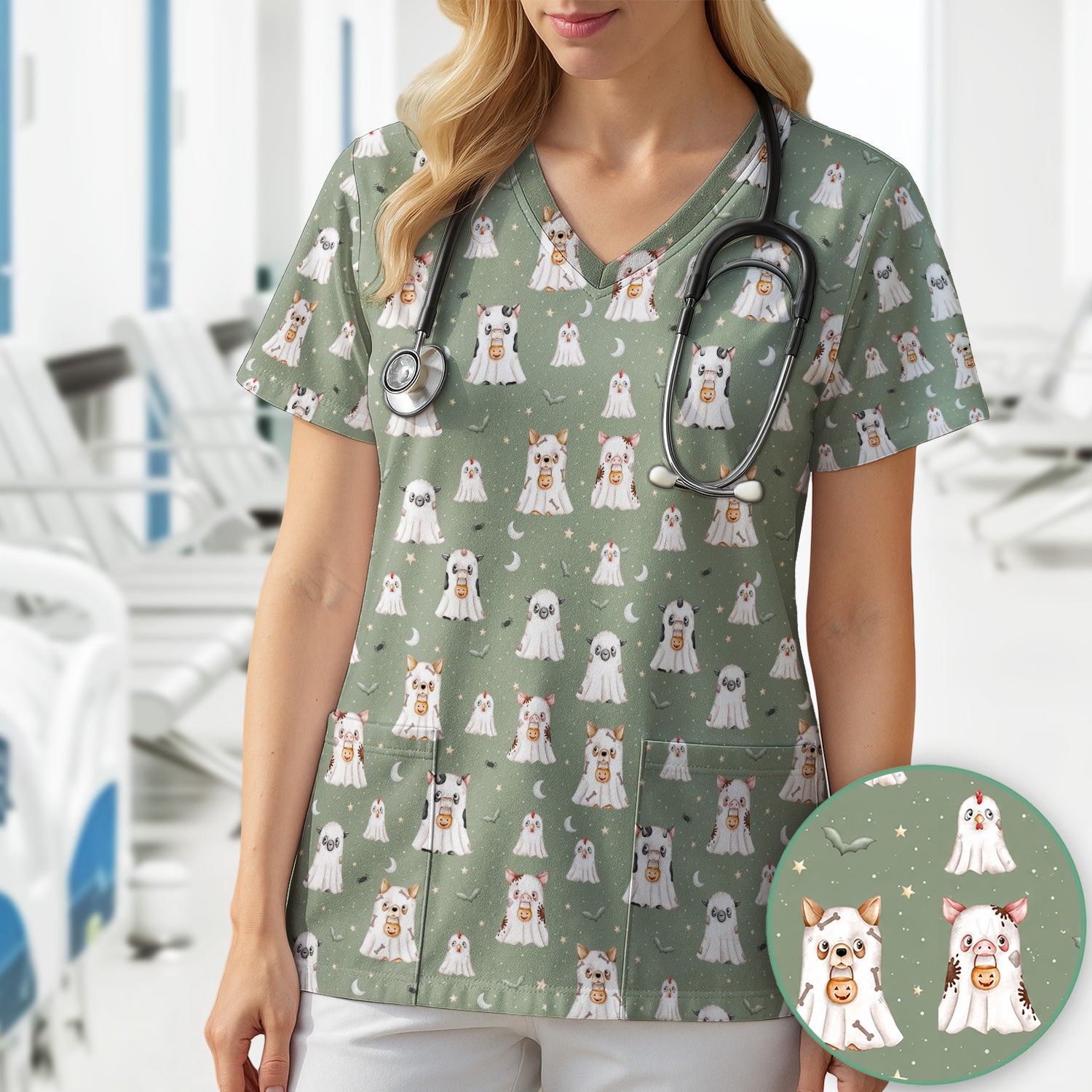 Spooky Farm Animal Ghost Scrub Top, Comfortable Scrubs for Nurses