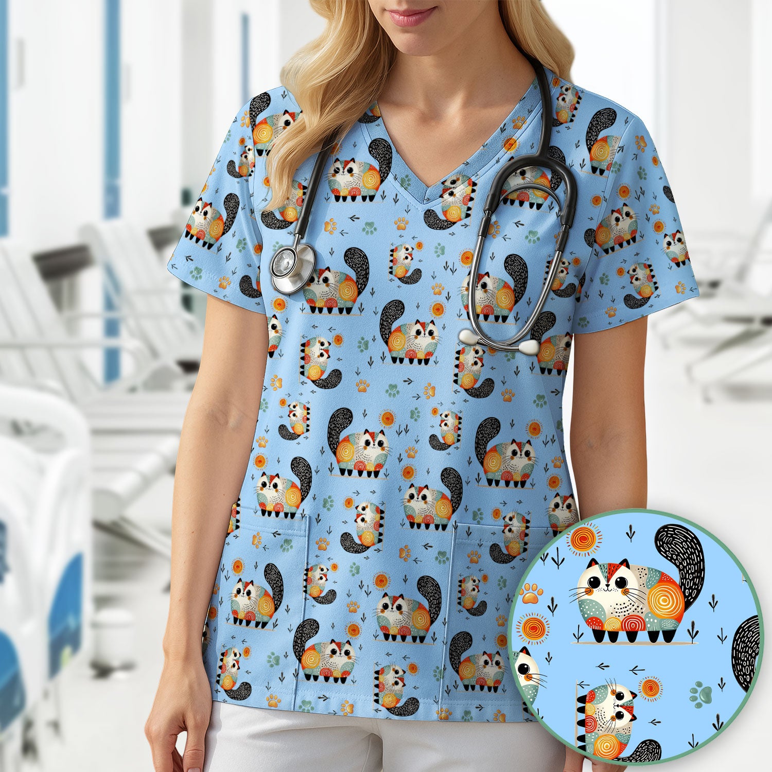 Playful Cat Illustration Nurse Scrub Top, Comfortable Scrubs for Nurses