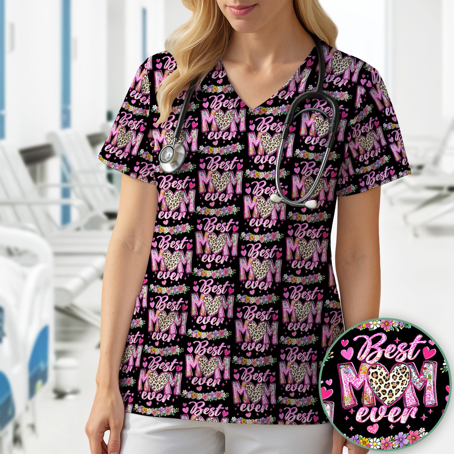 Best Mom Ever Leopard Heart Floral Pattern Scrub Top, Comfortable Scrubs for Nurses
